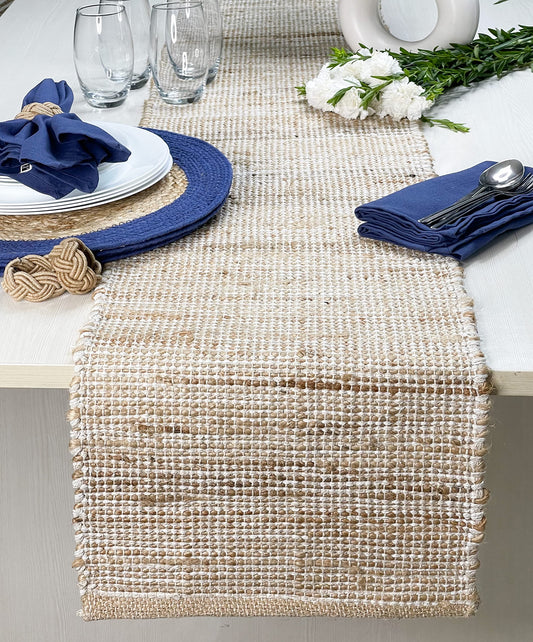 Chardin home Natural Jute Table Runner 13x72 Inch – Vintage Boho Rustic Table Decor – Handwoven Table Runner in Natural Jute and Ivory – Farmhouse Dining or Console Table Accent