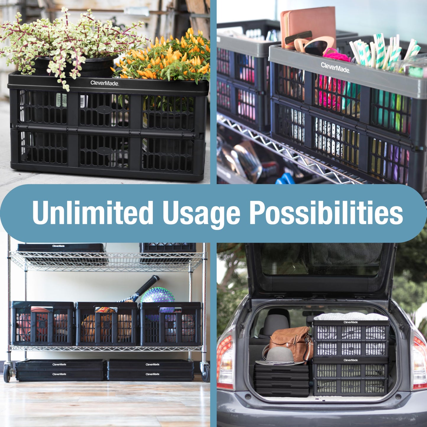 CleverMade Collapsible Utility Crate 45L Foldable Plastic Crate with Heavy Duty 66 lb Capacity for Storage, Trunk Organization, & Moving - Obsidian