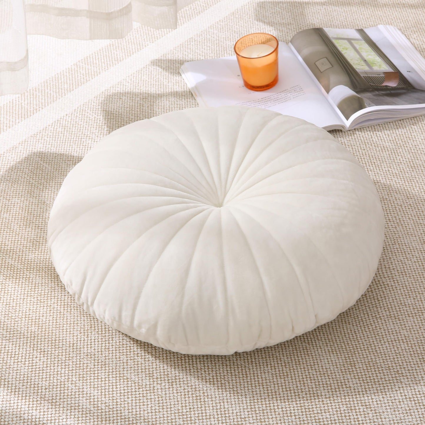 STRWARD Floor Pillow Meditation Cushion Round Large Floor Pillows Seating for Adults, Velvet Thick Floor Cushions for Yoga Living Room Balcony Outdoor Tatami（Beige）