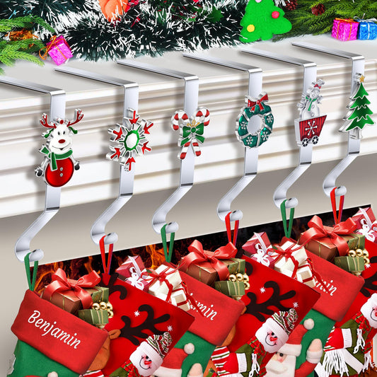 Loncaster Christmas Stocking Holders for Mantle Set of 6, Colorful Stocking Hangers Stocking Holder for Mantel Fireplace, 6 Pack Non-Slip Stocking Hooks for Christmas Party Decorations