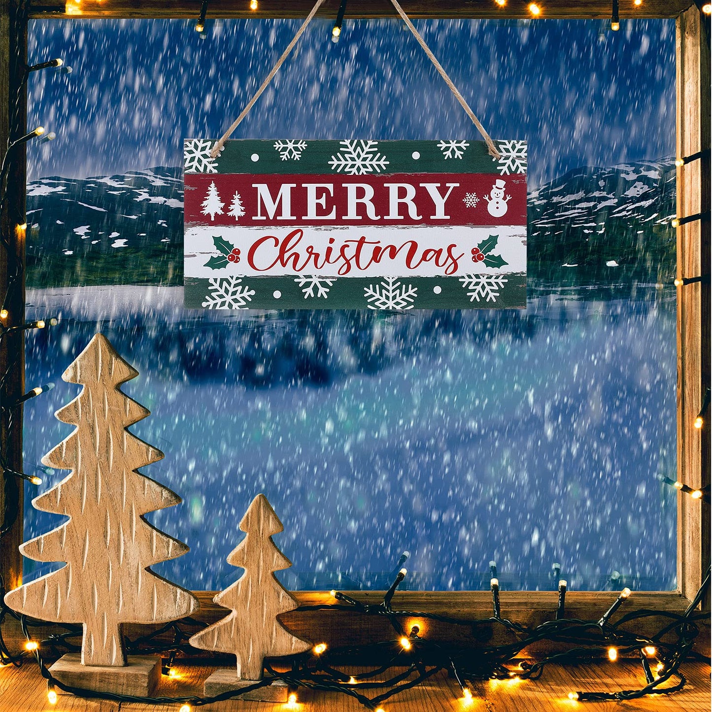 Christmas Sign Rustic Merry Christmas Hanging Sign Farmhouse Outdoor Wooden Christmas Decoration Xmas Holiday Decor with Hanging Rope for Christmas Home Window Wall Farmhouse Indoor Decoration
