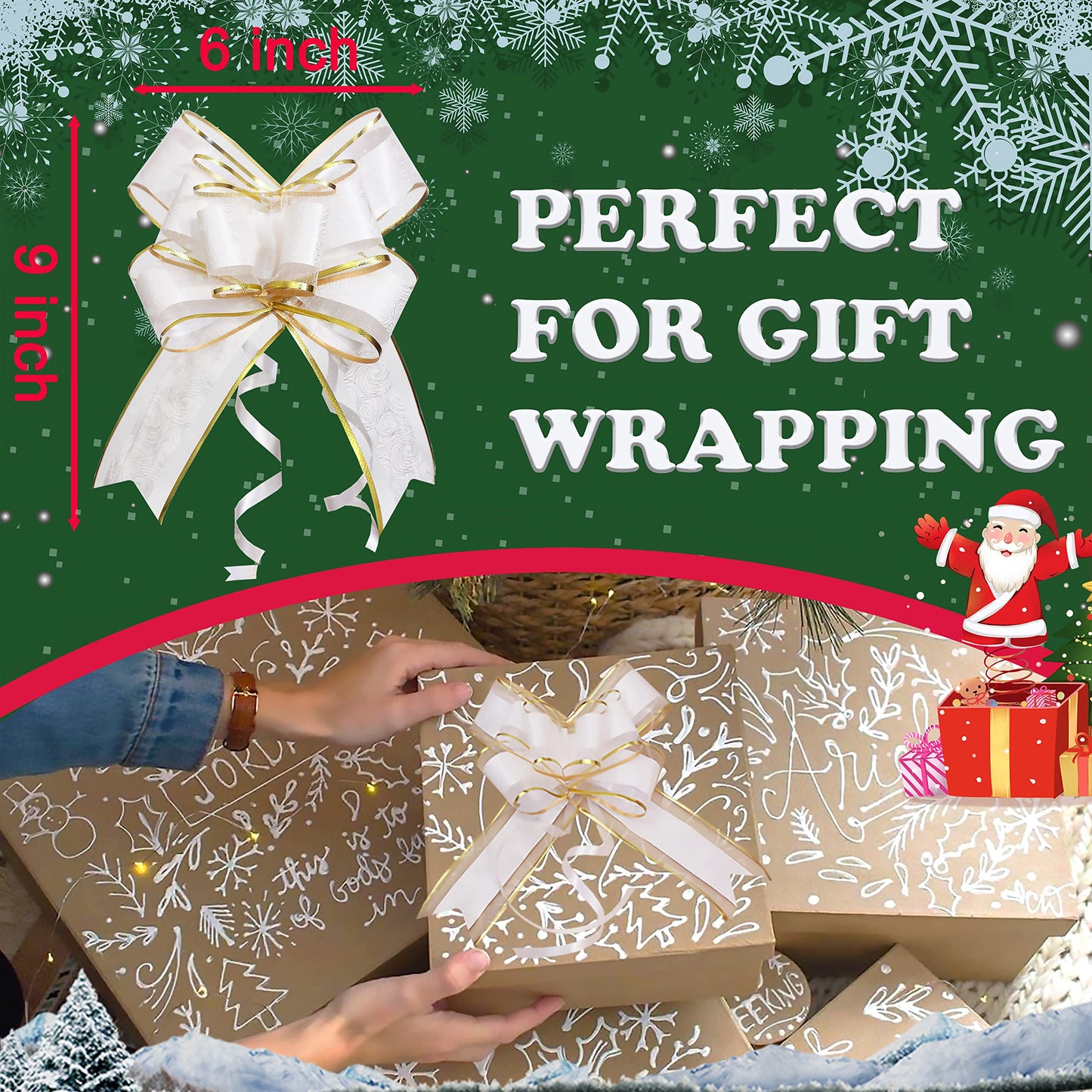 Pull Bows for Gift Wrapping, 15 PCS Large Gift Bow Bulk for Presents Package, Gift Baskets, Christmas, Wedding, and Party Decor (White with Tulle & Gold line, 6 inches)