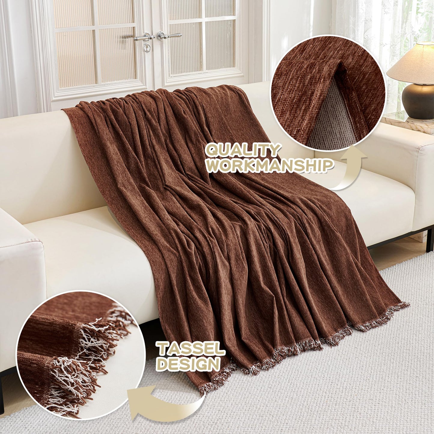 MYSKY HOME Sofa Covers for 2 Cushion Dogs - Boho Textured Soft Washable Decorative Couch Covers with Tassels, 71"x118", Chocolate