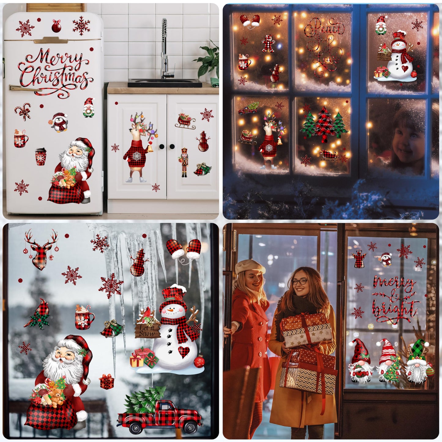 BORAMDO Christmas Window Clings 12 Sheets, Buffalo Plaid Xmas Window Decals Stickers Removable Holiday Decorations for Home & Office, 12 Styles