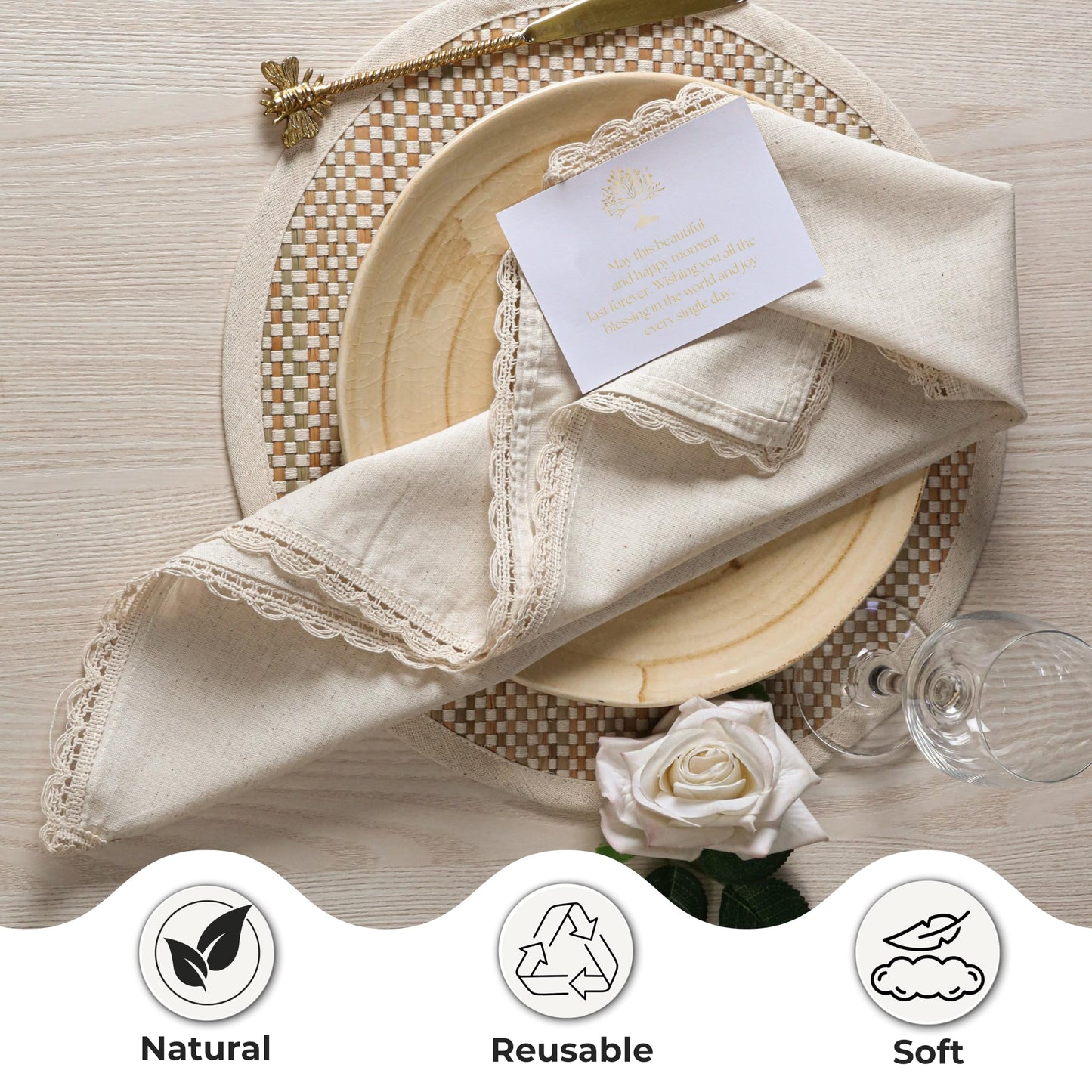 Ramanta Home Decorative Cloth Dinner Napkins Set of 4, 20x20 Inch Natural Lace Flax Cotton Napkins with Mitered Corners, Oversized Use, Parties, Weddings, Spring, Easter Cloth Napkins