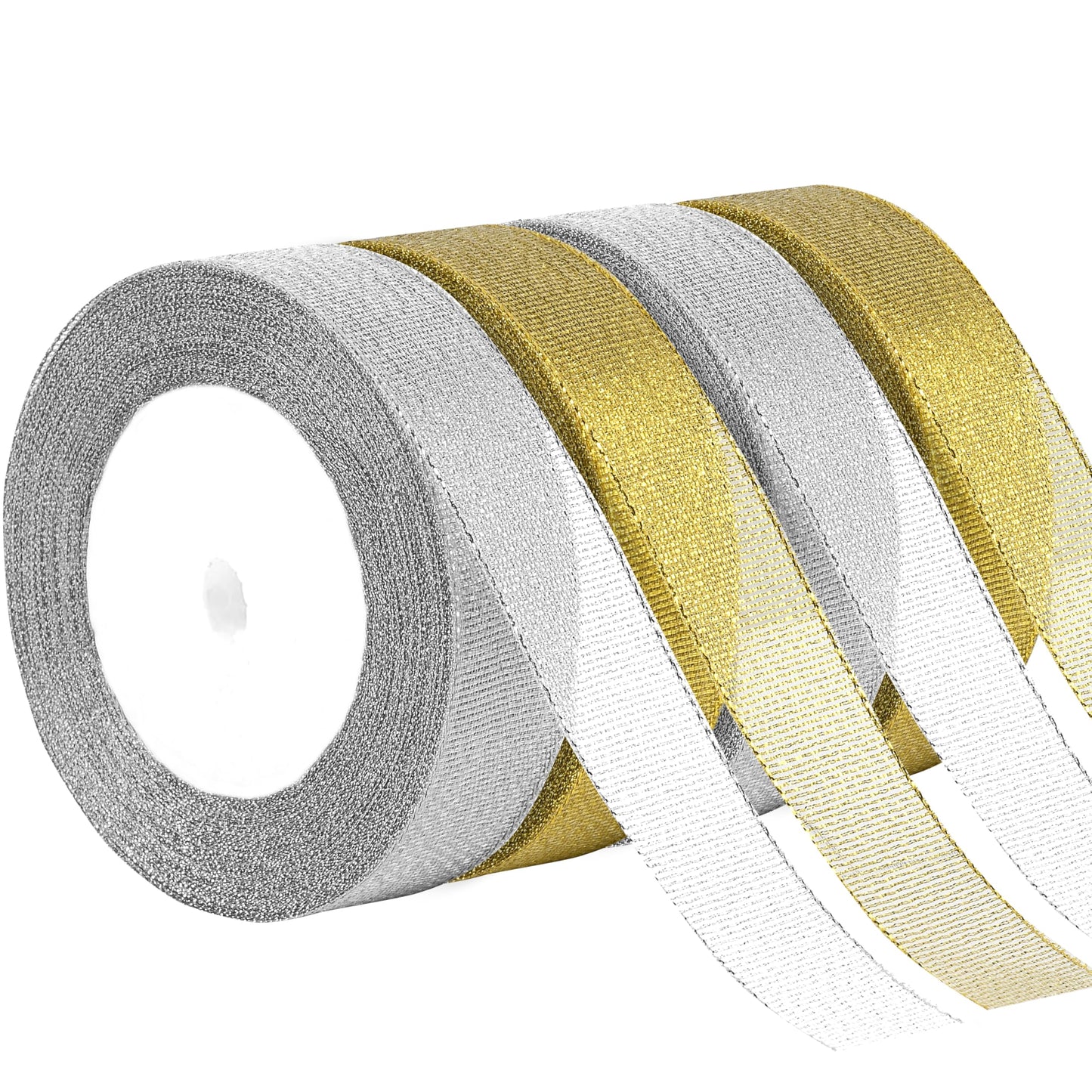 Hoplito 4 Rolls 1Inch Wide Christmas Ribbons Total 100 Yards Holiday Ribbons Metallic Glitter Fabric for DIY Craft Gift Wrapping and Christmas Party Festival Decorations, Gold & Silver
