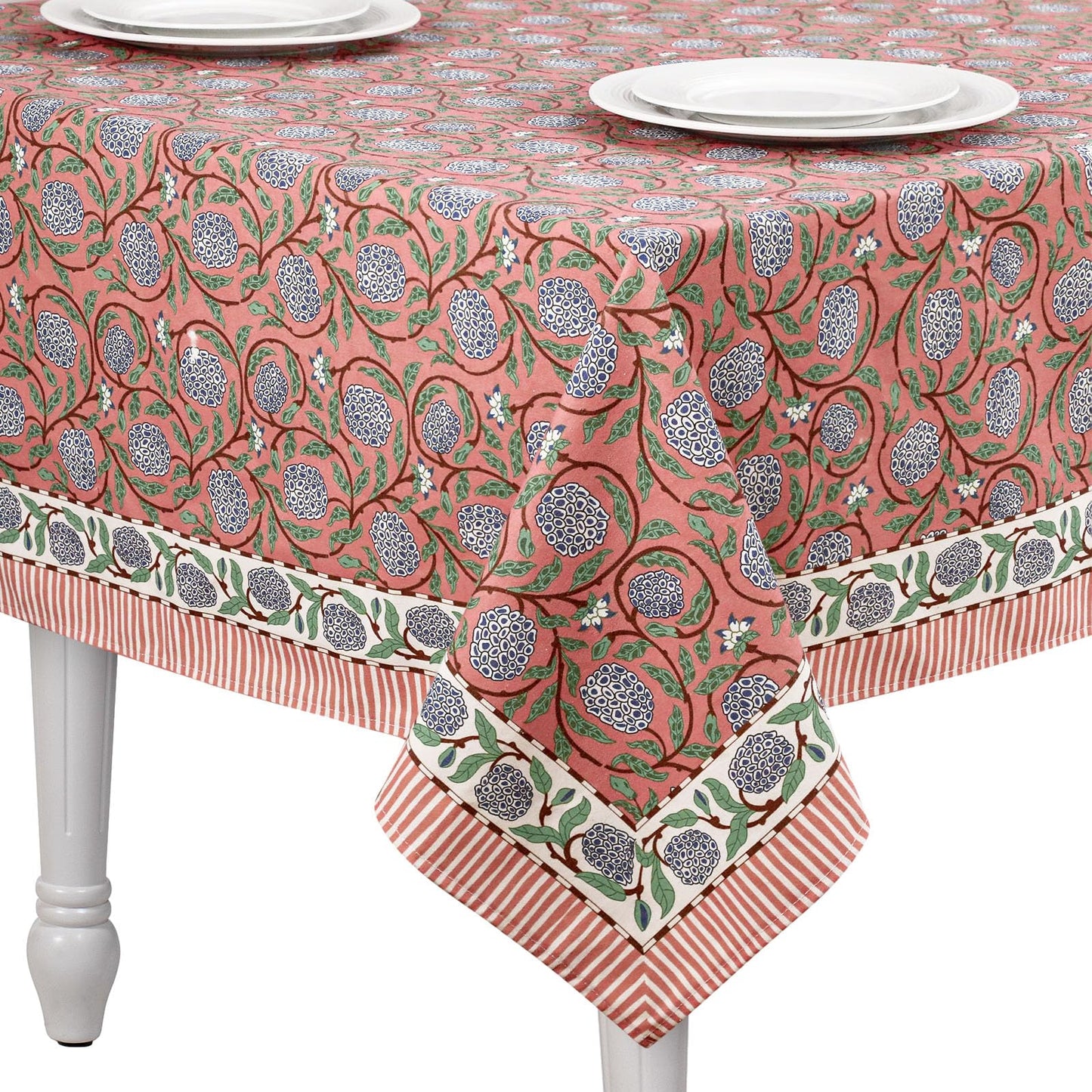 Newtay 60'' x 90'' Hand Block Print Mahjong Table Cloth Square Cotton Floral Tablecloth Washable Print Rectangle Table Cover with Dust Proof for Kitchen Dining Party(60'' X 90'',Dark Salmon,Pink)