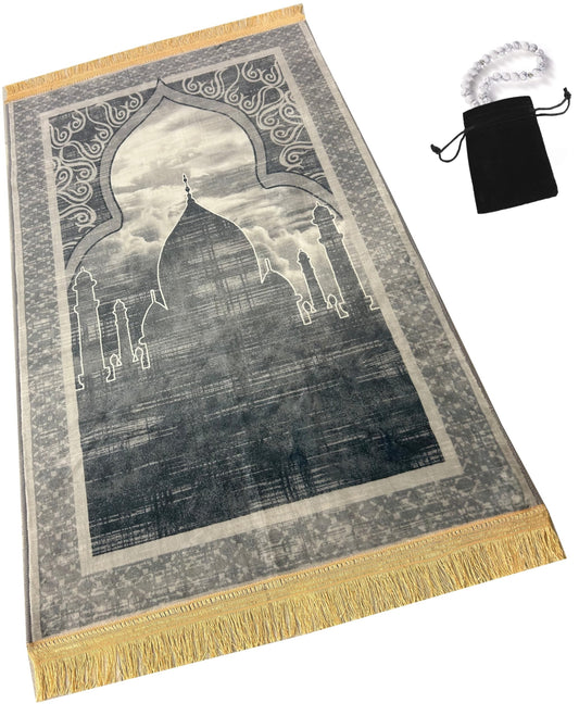 Prayer Rug Muslim Mat Islamic - Soft Velvet Sajadah for Kids Men Women with Islam Prayer Beads for Eid Travel Ramadan, Soft Luxury (Grey)