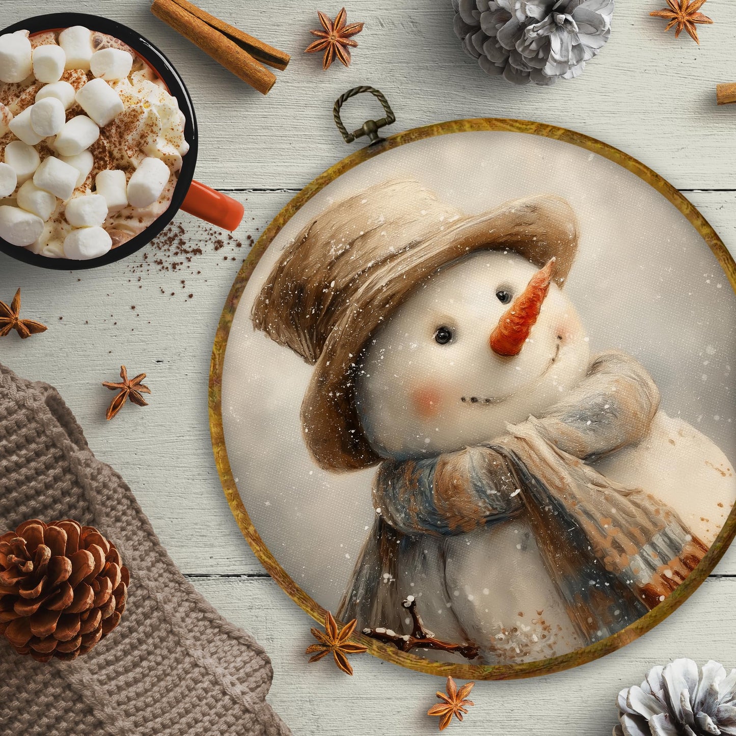 CUANFDDSF Rustic Christmas Snowman Round Wall Art, Christmas Winter Snowman Framed Hanging Wall Decor, Farmhouse Cozy Xmas Winter Canvas Prints Decorations for Home Bedroom Living Room, 10x10 Inch