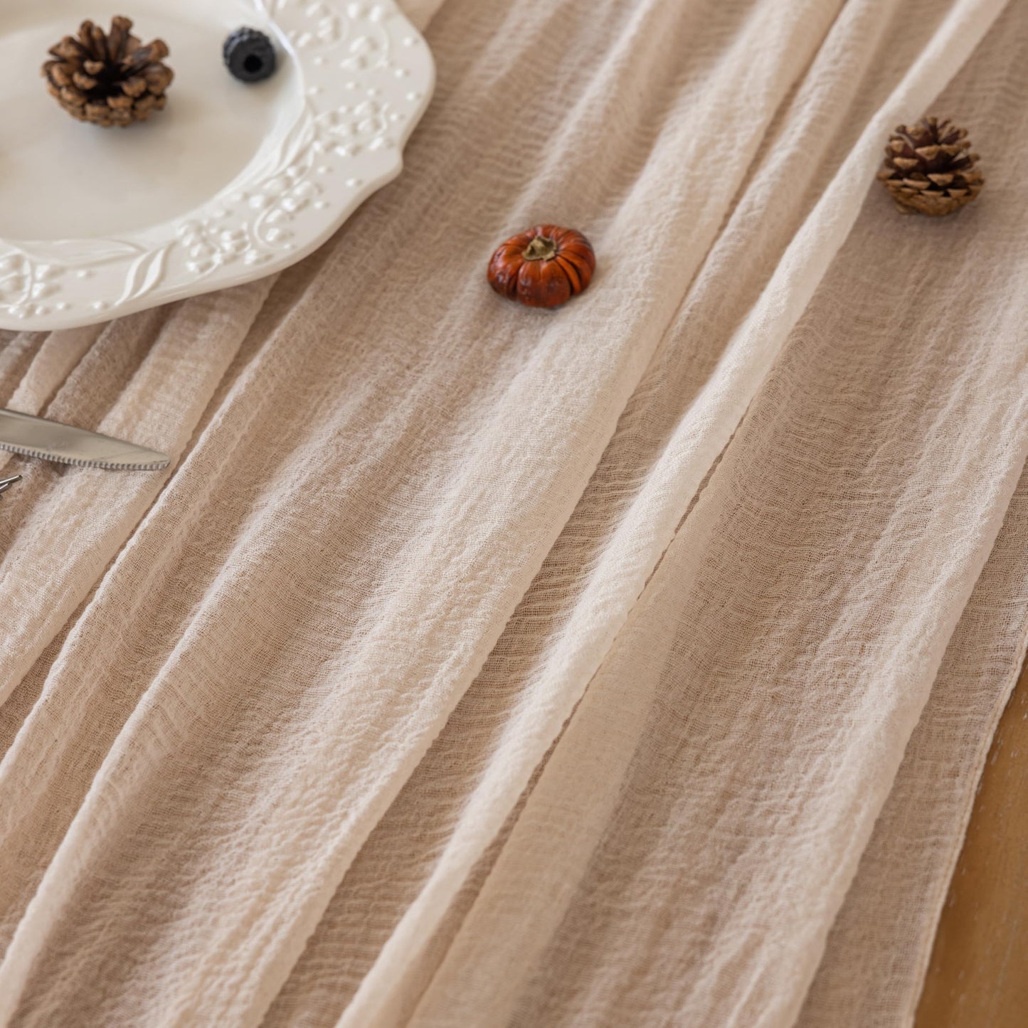 Keketoarrange Beige Spring Cheesecloth Table Runner Gauze Rustic 120 Inch 10 FT for Wedding Baby Shower Bridal Shower Birthday Engagement Garden Party Long Sheer Boho Home Decorations