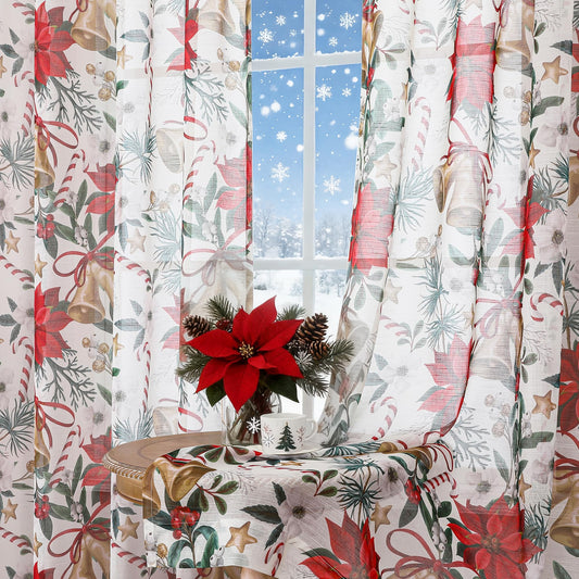 BROSHAN Red and Gold Christmas Sheer Curtains 63 inch Length 2 Panel Set- Xmas Bedroom Window Decoration Curtains in Poinsettias Floral Bells Patterned, Winter Holiday Living Room Curtain Drapes