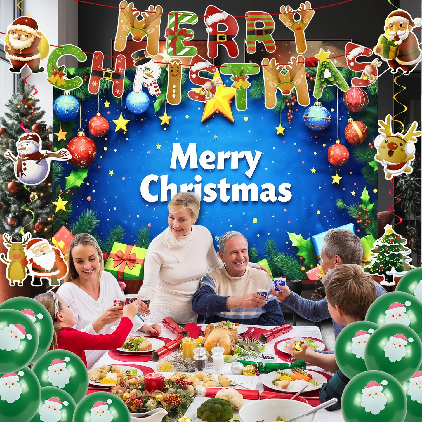 Christmas Party Decoration Set, Merry Christmas Banner with Red Green Swirls, Santa Claus Snowman Hanging Decor for Holiday Home Indoor Party (Christmas 3)
