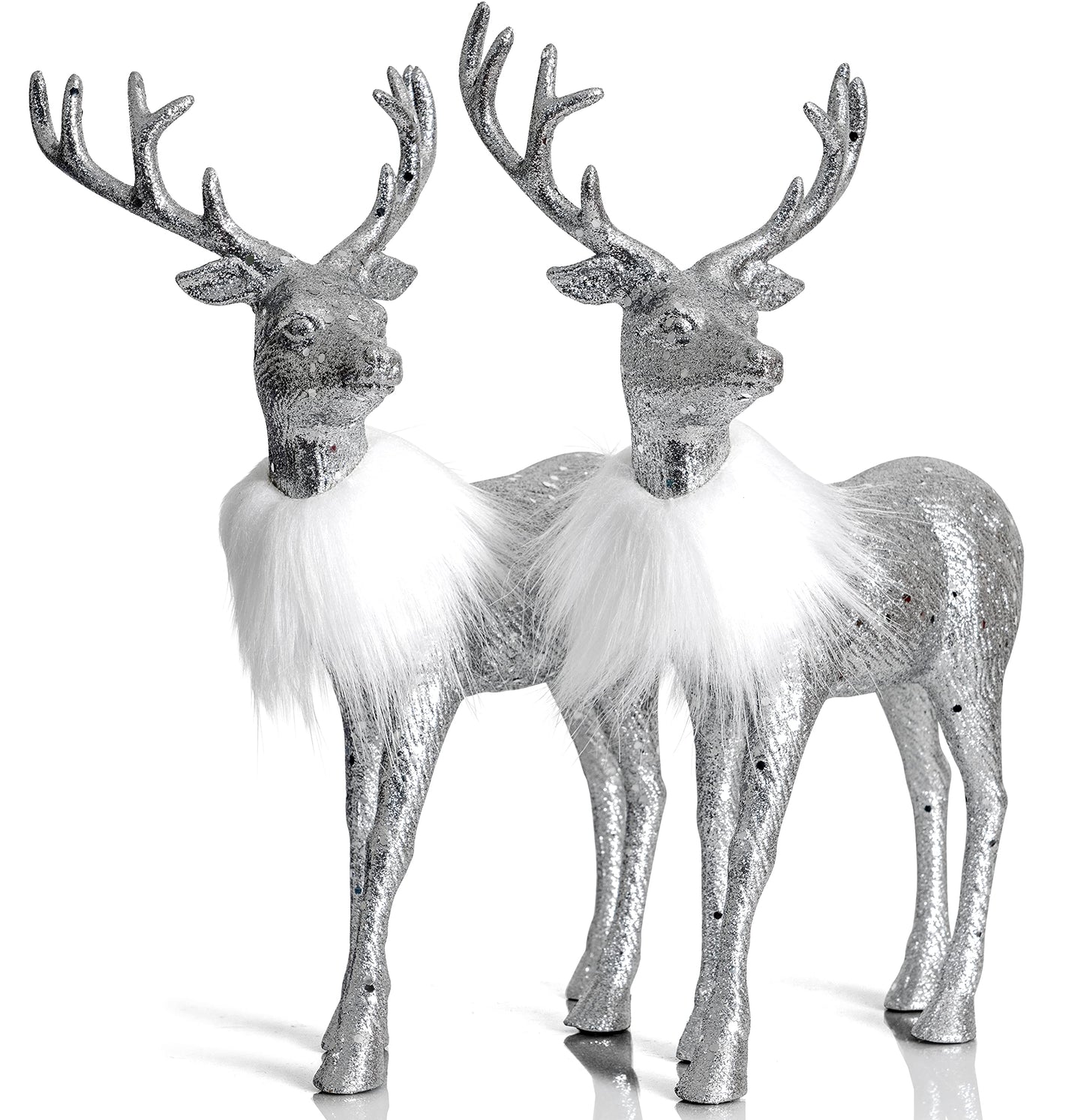 Ornativity Silver Glitter Christmas Reindeer - Xmas Holiday Party Deer Figurine Statues Dinner Tabletop Decorations Centerpiece Mantle - 12" Pack of 2