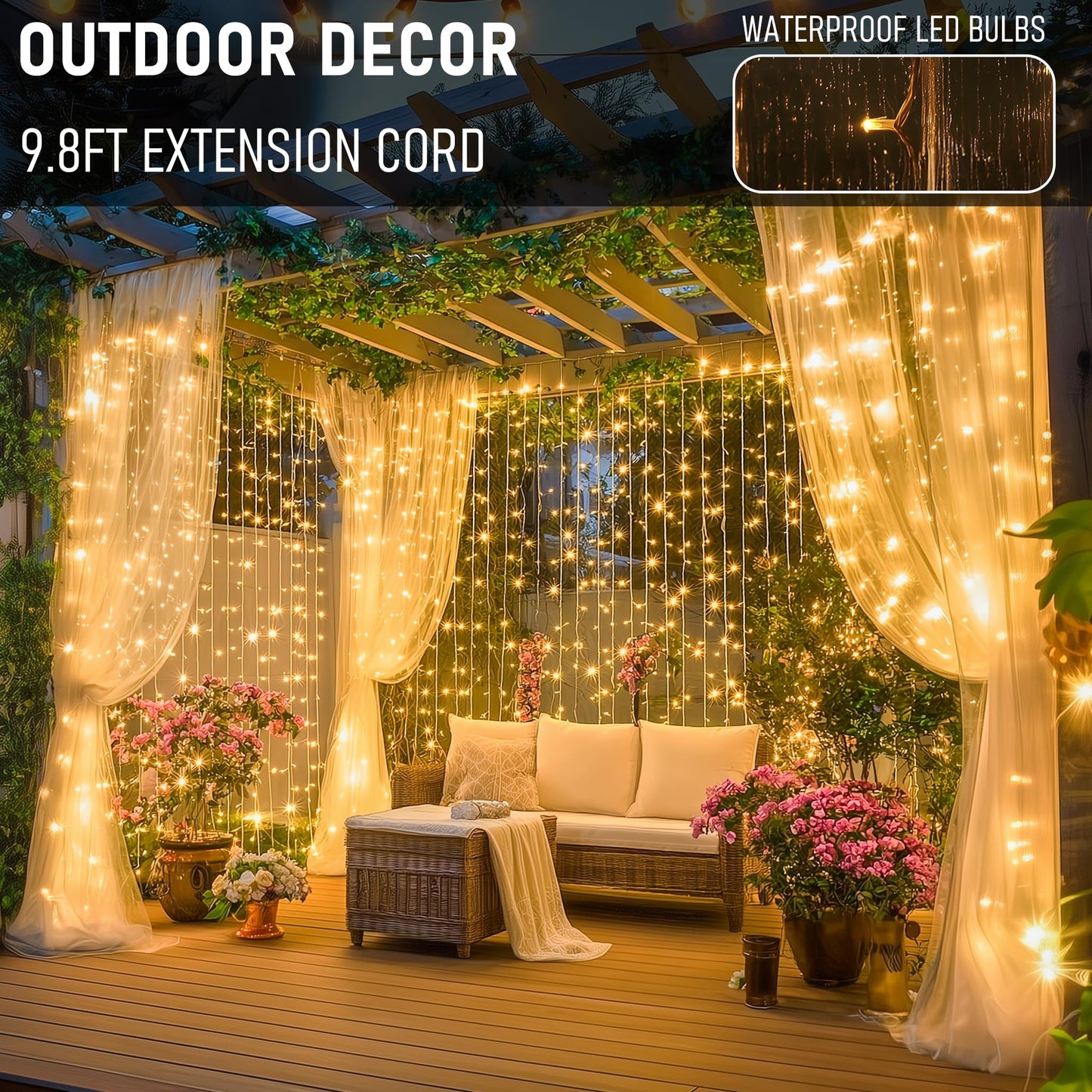 Dazzle Bright 300 LED Curtain Lights, Plug in Fairy Curtain Lights for Bedroom, Christmas Hanging String Lights Outdoor for Window Backdrop Wall Wedding Patio Indoor Dorm Party Decor, Warm White