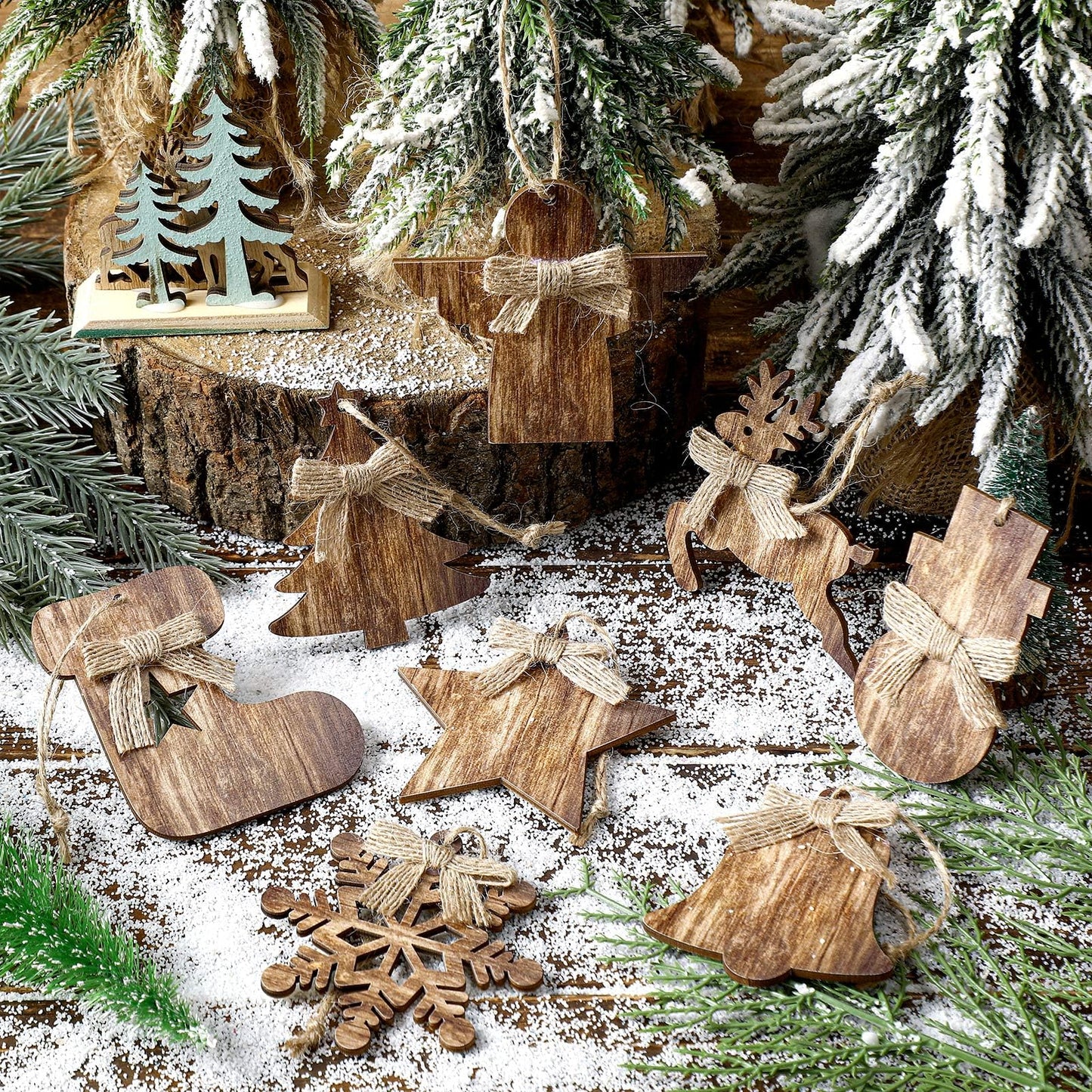 Lineshading 8 Pcs Rustic Christmas Tree Ornaments Wooden Farmhouse Christmas Ornaments Angle Snowflake Reindeer Tree Hanging Decor for Xmas Home Office Fireplace Winter (Brown,4.3 x 3.9 Inches)