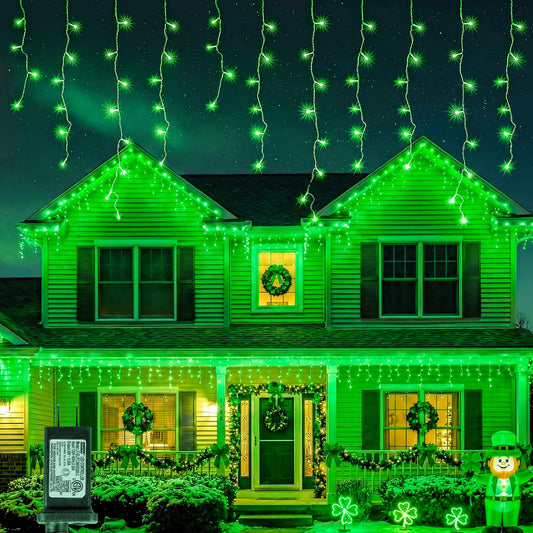 Qunlight 300LED Icicle Lights for Outside,Green Curtain Lights for St Patrick Day,8 Modes with 30V Plug in for Wedding, Party,Bedroom,Home,Garden,Outdoor,Indoor Wall,Christmas Decorations,Connectable