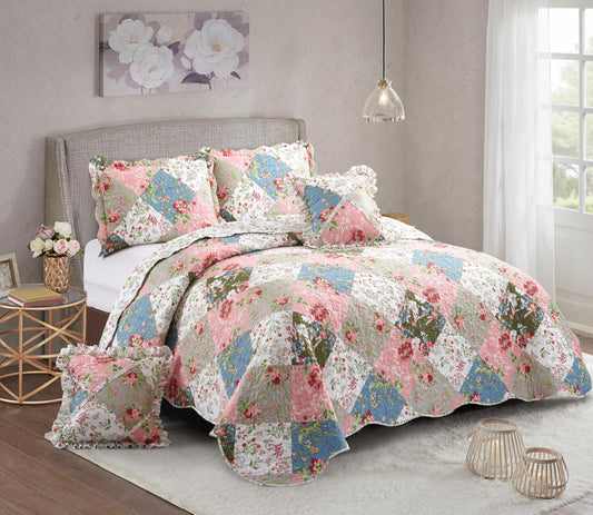 Brilliant Sunshine Peach and Olive Flowers Patchwork Ruffle Pillowshams, Quilted Decorative Pillow Covers Set, Square Throw Cushion Cases for Couch, Chair, Car, Bed, 18x18, Pack of 2, Peach Olive