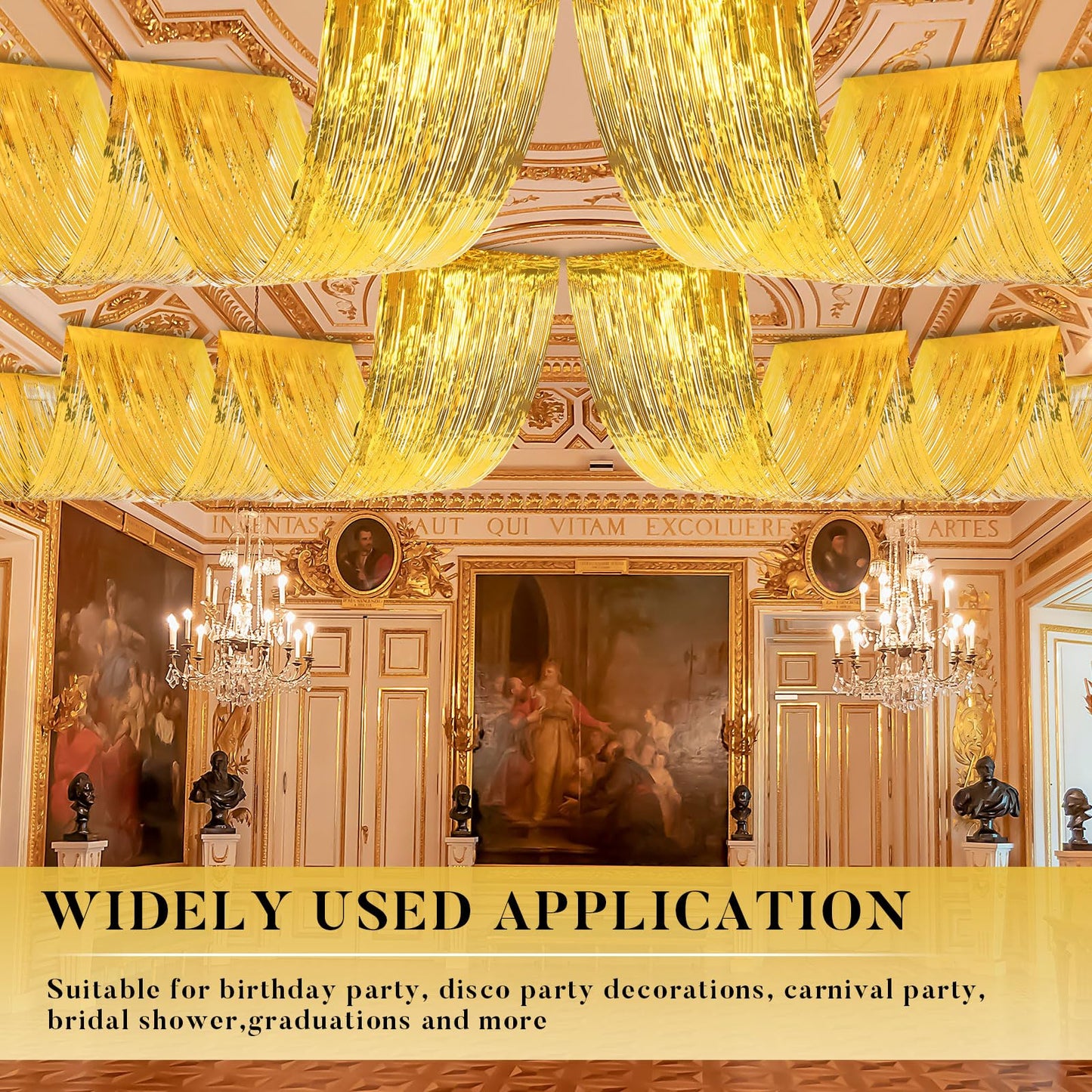 Breling 4 Pcs 15ft Gold Metallic Foil Ceiling Fringe Curtains for Bachelorette Party Decorations, Fringe Ceiling Drapes for Wedding Engagement Bridal Shower Birthday Party Engagement Decor