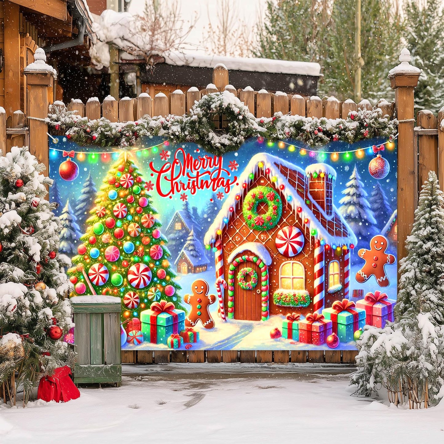 BlissYard Gingerbread Christmas Backdrop 71x43 Inches Snowman Tree Scene Banner Holiday Photography Background Indoor Outdoor Merry Christmas Decoration for Wall Party Display