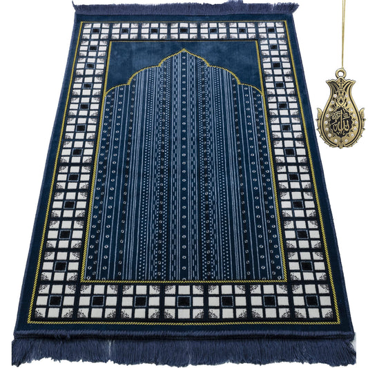 Modefa Prayer Mat - Thin Lightweight Velvet Turkish Muslim Prayer Rug - Prayer Rug Islam Men - Islamic Prayer Rug Sajjadah Prayer Mats Namaz Mat for Salah Islamic Gift Car Hanger - Vined Arch (Blue)