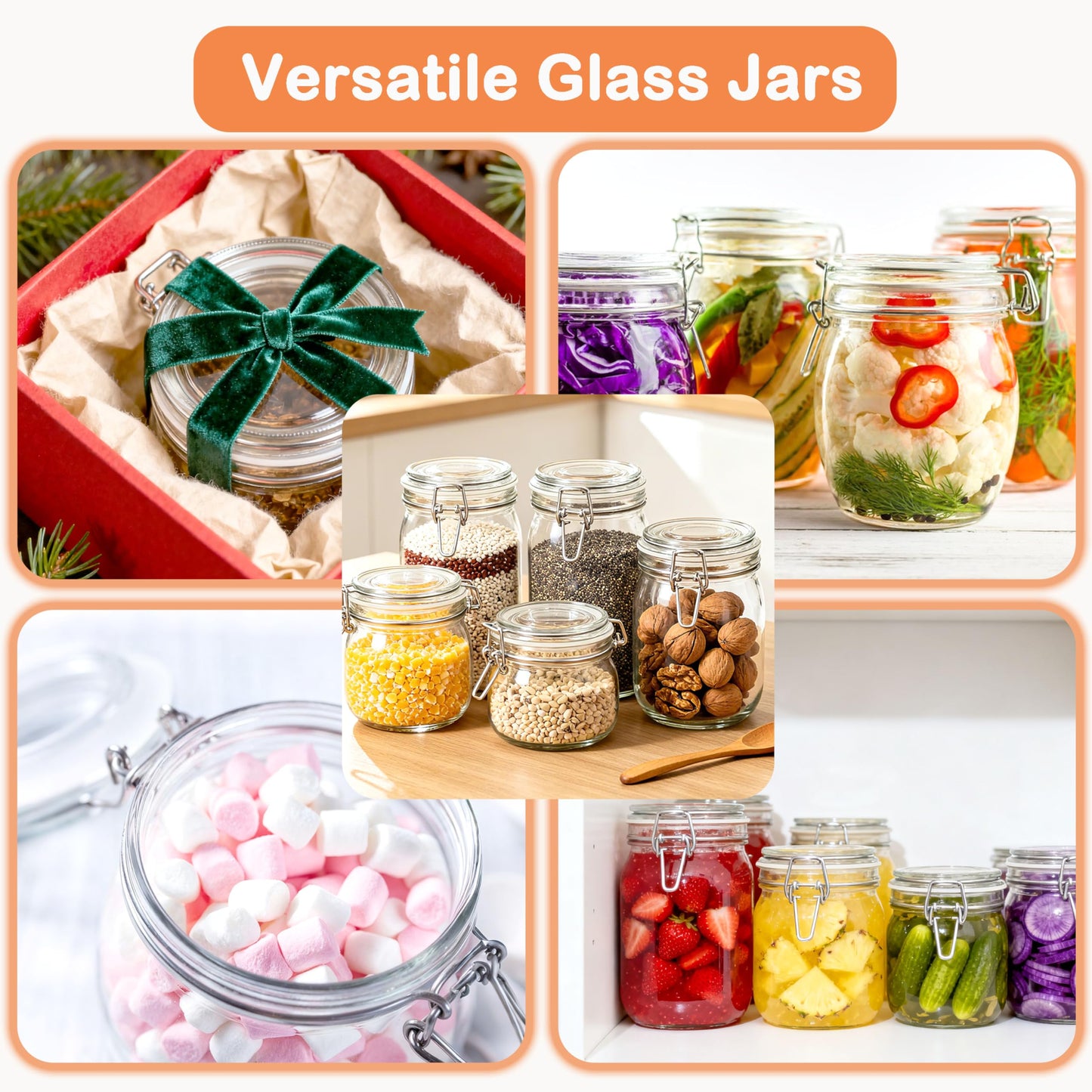 Glass Jars With Airtight Lid 32 Oz Wide Mouth Glass Containers With Lids 2 Pack Airtight Food Grade Storage Canisters With Clasp For Flour, Coffee, Sugar, pickle, Beans, Candy, Nuts, Rice, Pasta