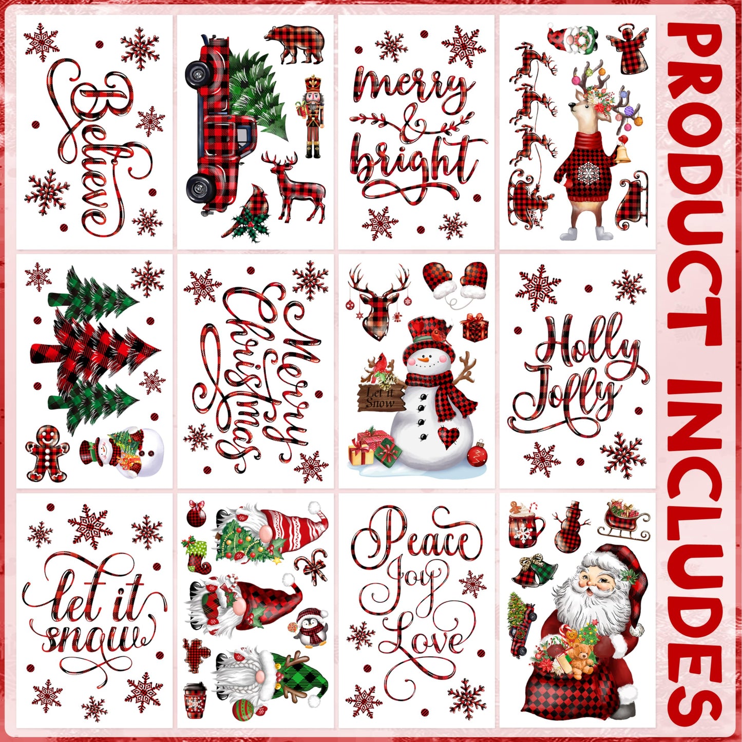 BORAMDO Christmas Window Clings 12 Sheets, Buffalo Plaid Xmas Window Decals Stickers Removable Holiday Decorations for Home & Office, 12 Styles