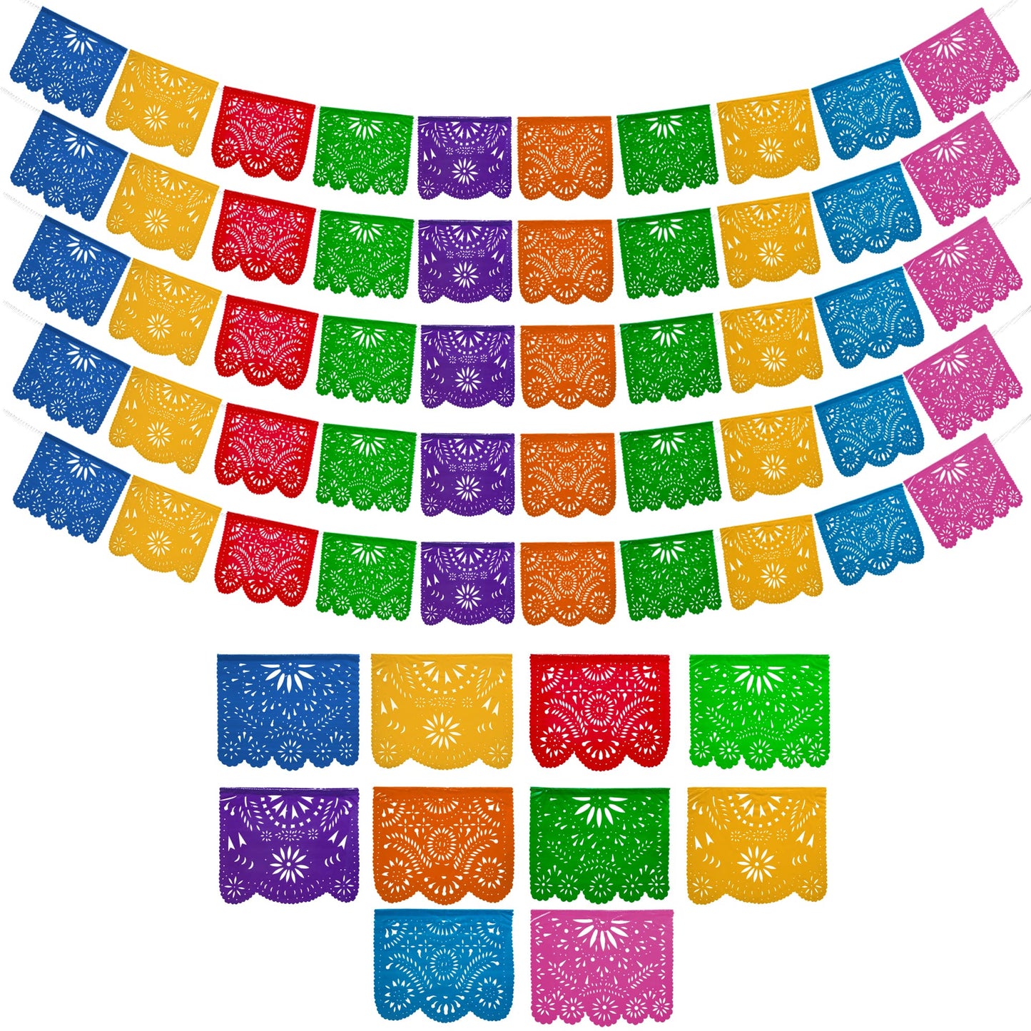 Mexican Party Banners (5 Pack with 10 Plastic Flags per Banner) - Papel Picado Mexicano para Fiesta - Plastic Papel Picado - Fiesta Themed Party Decorations - Mexican Decor