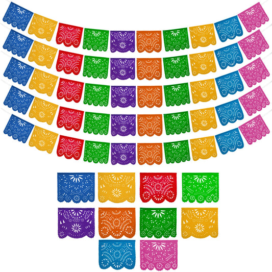 Mexican Party Banners (5 Pack with 10 Plastic Flags per Banner) - Papel Picado Mexicano para Fiesta - Plastic Papel Picado - Fiesta Themed Party Decorations - Mexican Decor