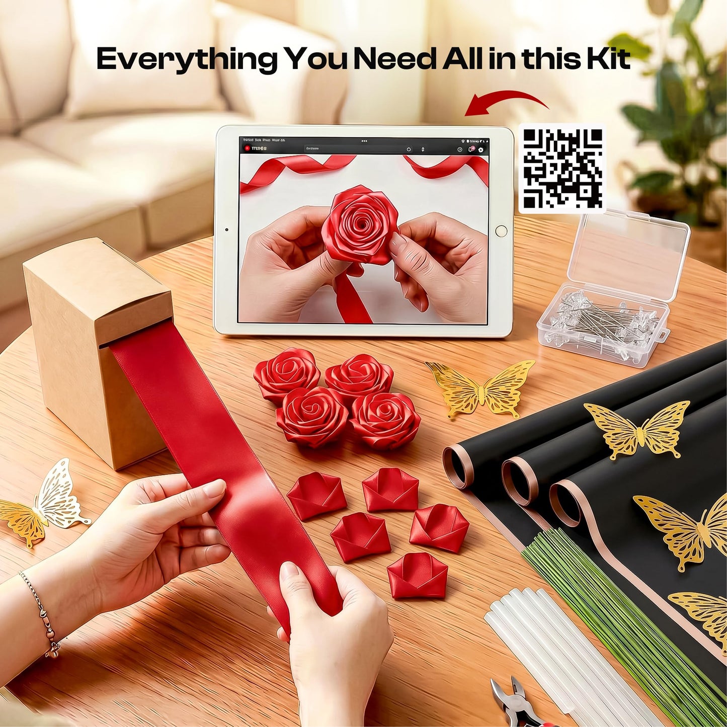Caydo 1-1/2 Inch Red Ribbon for Flower Bouquet for Mothers Day Gifts, 50 Yards Satin Ribbon Flower Making Kit with Floral Stem Wire, Wrapping Paper, Glue Stick, 3D Butterfly & Diamond Pins