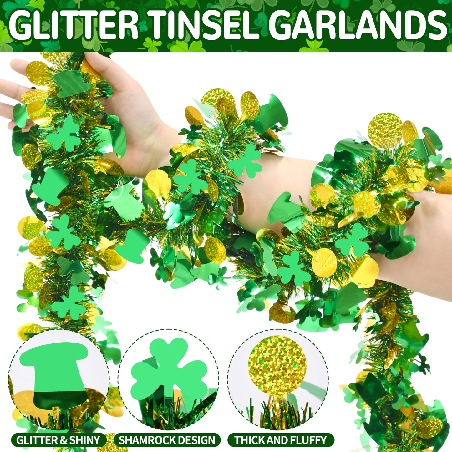 Palonu 50FT St. Patrick's Day Tinsel Garland Green Shamrock Gold Coins Metallic Tinsel Twist Garland for Irish Saint Patricks Day Party Home Decor Indoor Outdoor Decoration
