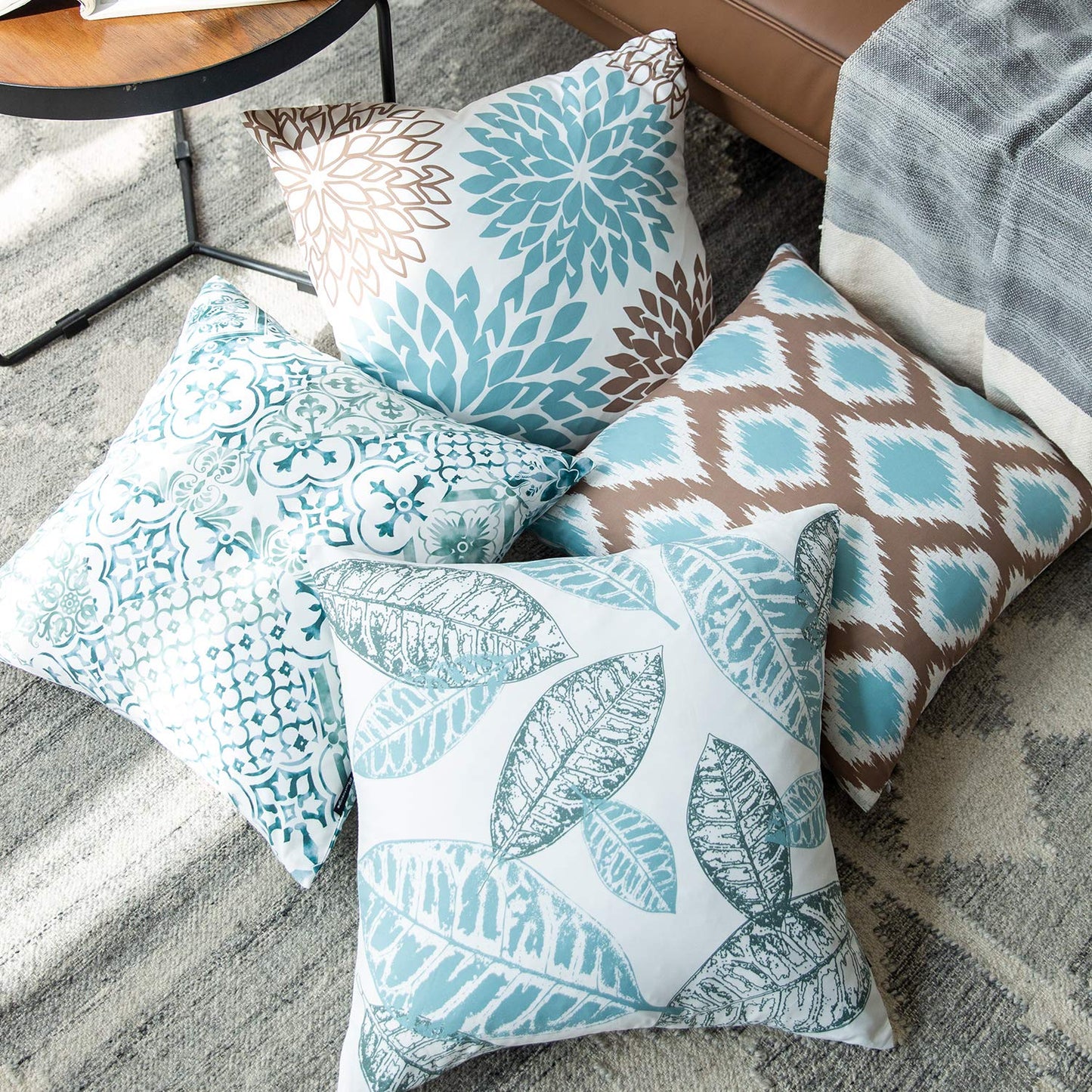 Phantoscope Set of 4 New Living Series Leaf Geometric Blue and Coffee Throw Decorative Pillow Cover Cushion Cover 18 x 18 inches 45 x 45 cm