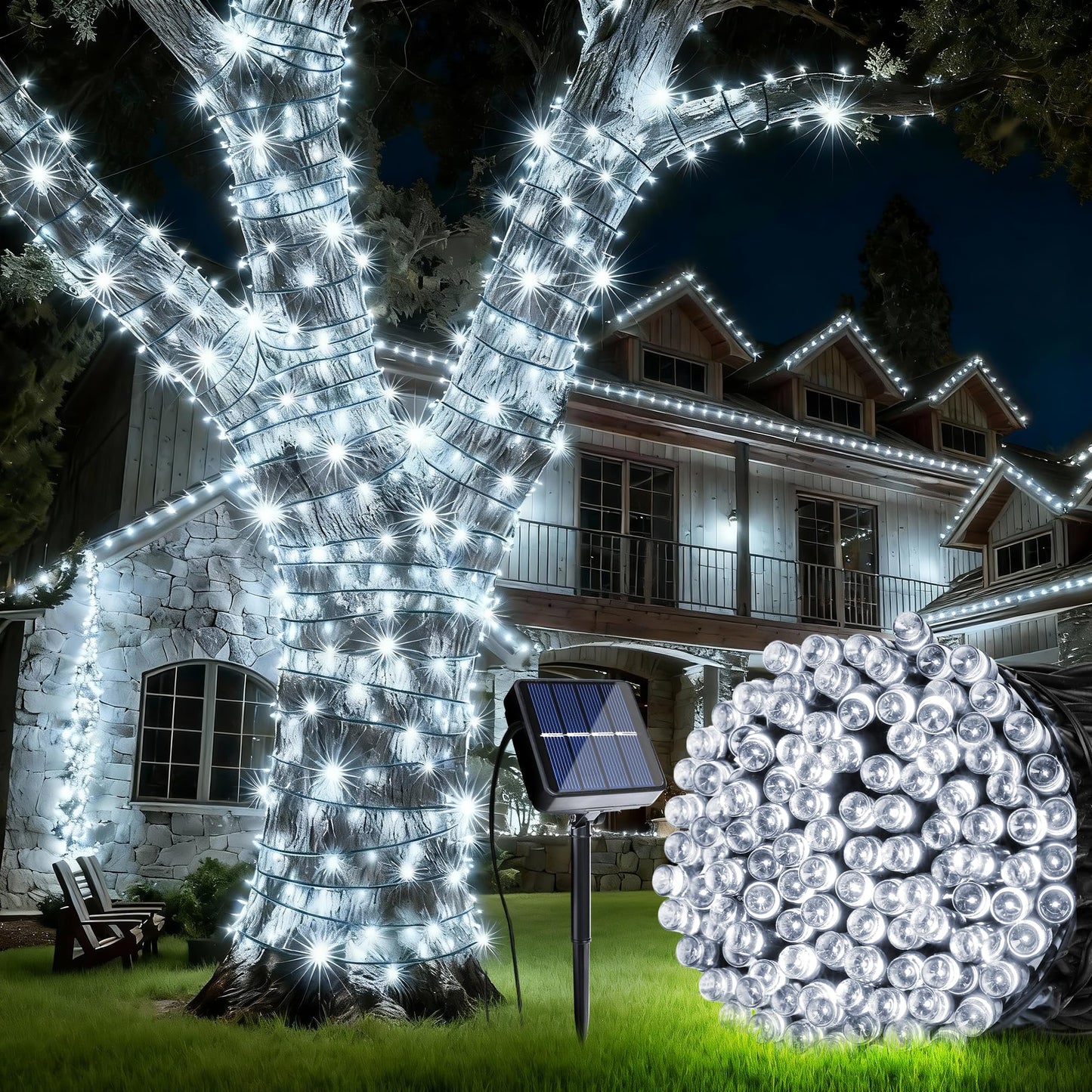 Joomer Solar Christmas String Lights, 39FT 100LED Waterproof Outdoor Lights with 8 Modes Twinkle Fairy Light for Garden, Patio, Yard, Tree and Christmas Decor (White)