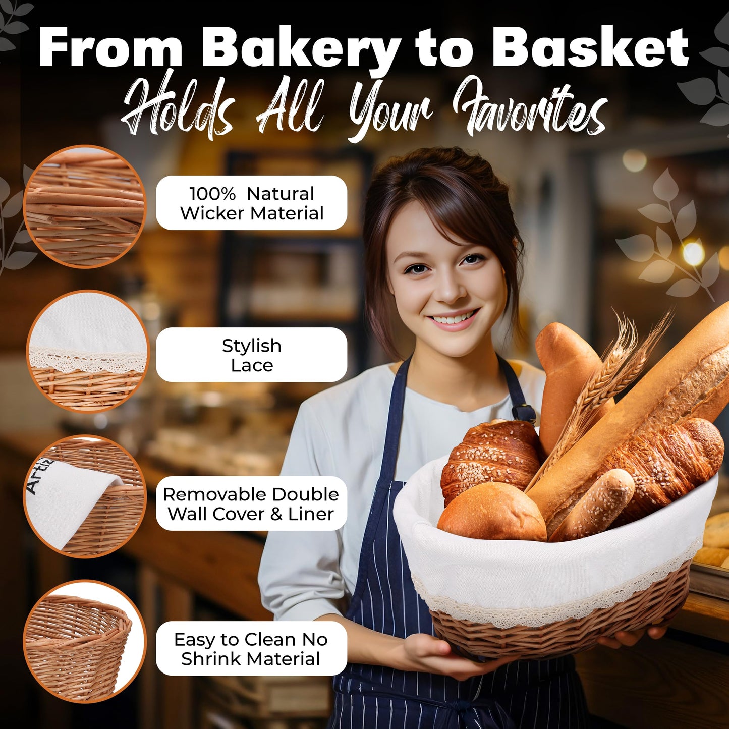 Large Wicker Bread Basket with Removable Linen Liner and Cover - Handmade Rattan Bread Serving & Storage Basket 12"x9" Keeps Bread Warm & Fresh - Perfect Housewarming Gift