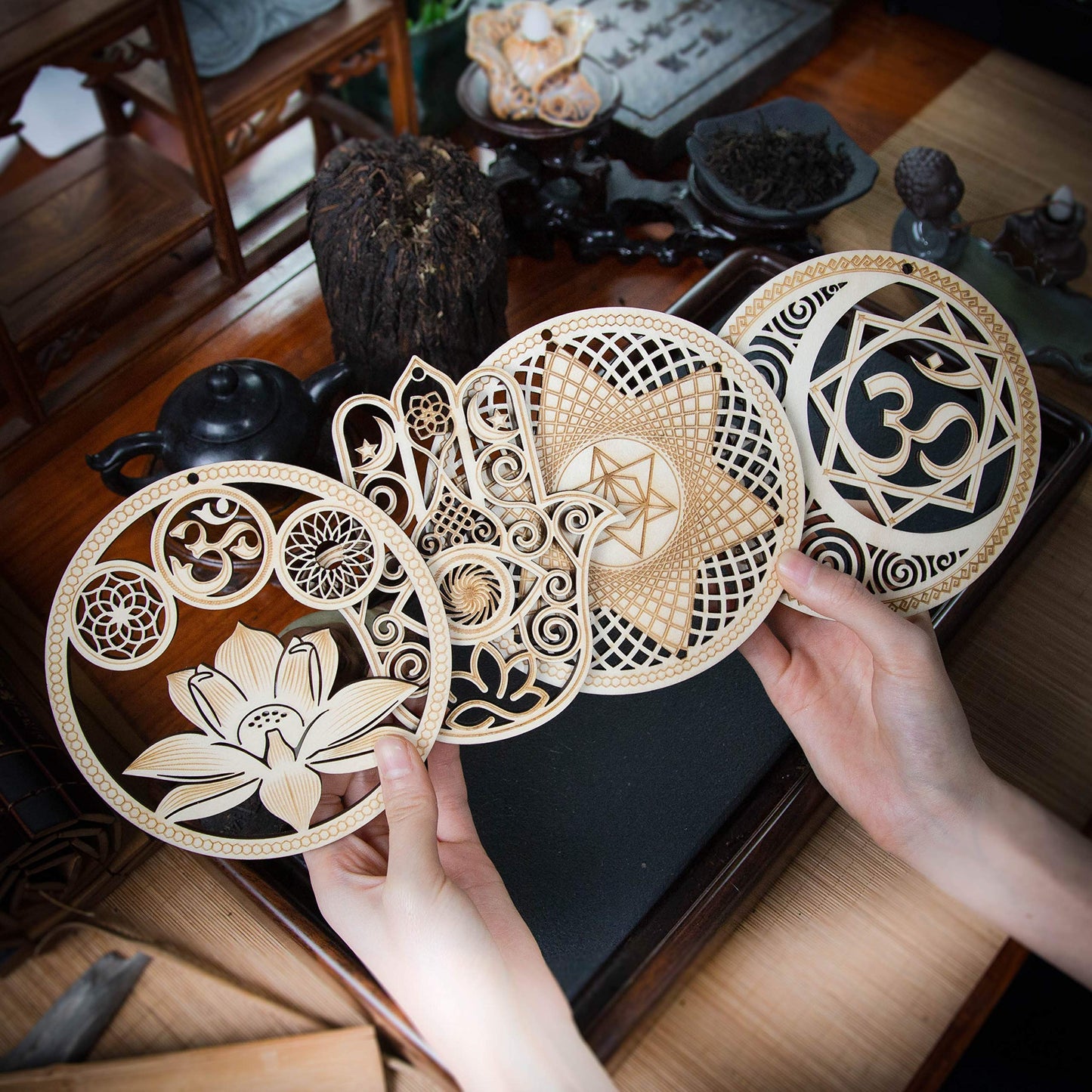 5.31" Sacred Geometry Wall Art 4 PCS Set, (Sacred Lotus, Hamsa Hand, Soul Star, Union Sun Moon) Crystal Grid Meditation Chakra Wooden Wall Art Yoga Decor Spiritual Gifts