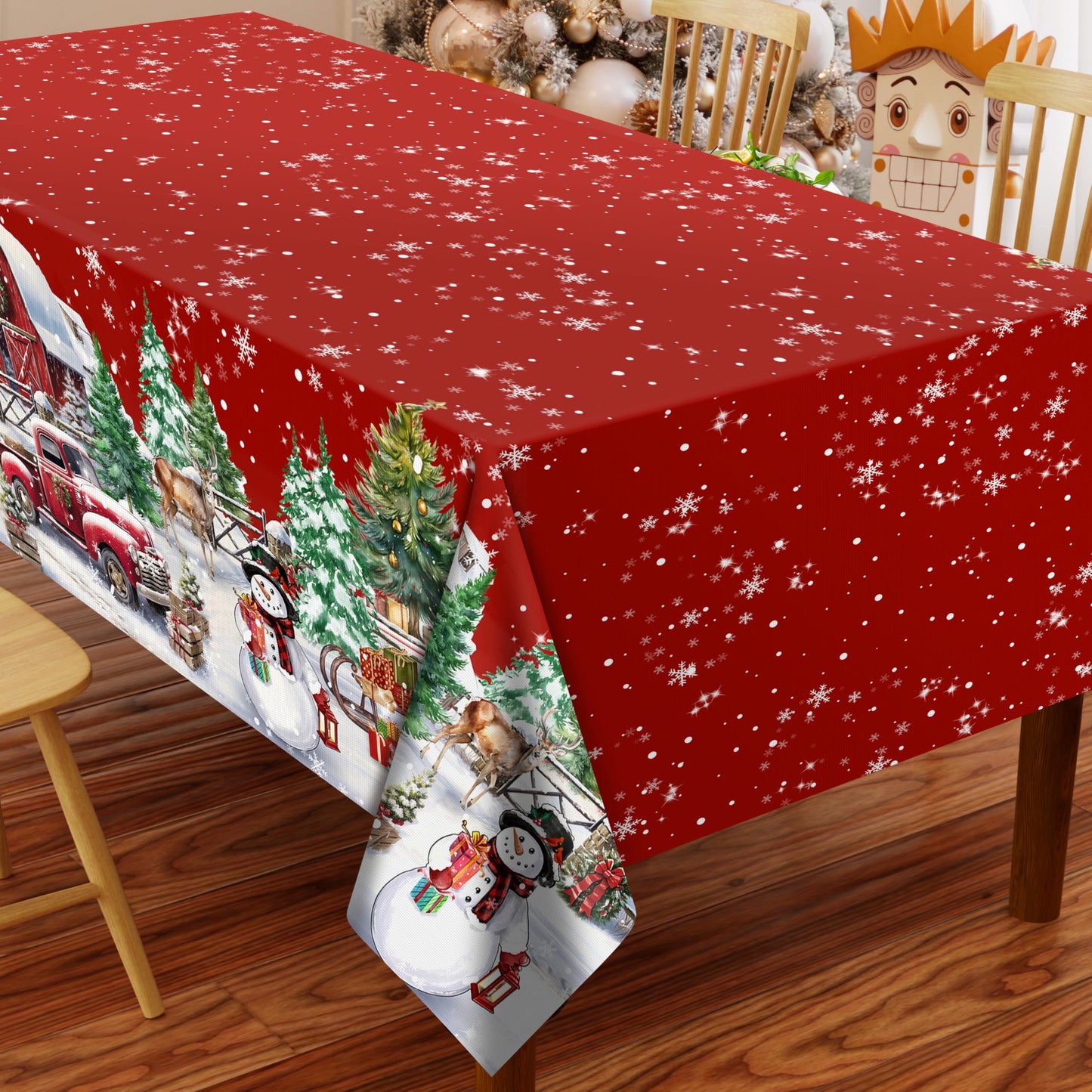 THAWAY Christmas Tablecloth 60×84 Inch Rectangular Winter Snowman House Christmas Trees Red Washable Table Cover Waterproof Polyester Xmas Table Cloths for Holiday Home Picnic Dinner Decor