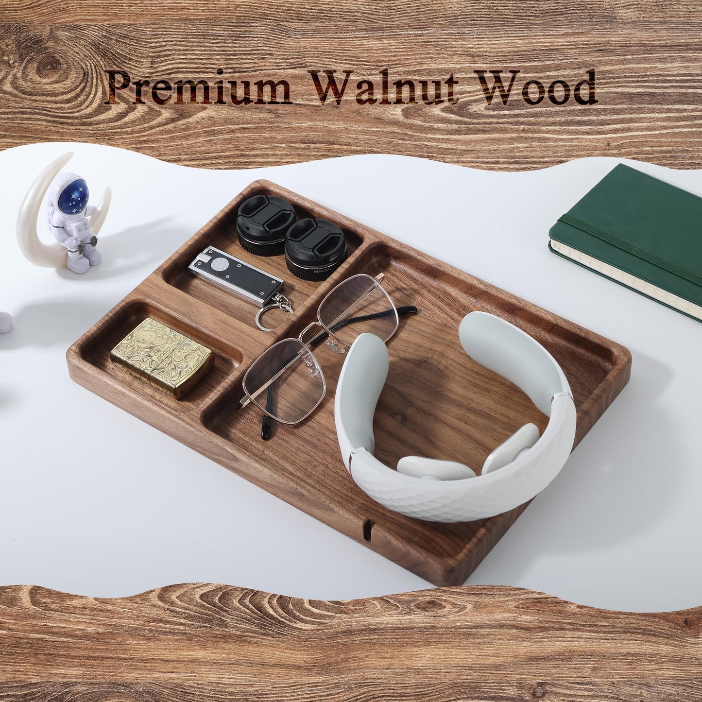 SEEDWAVE Walnut Wooden Valet Tray – Bedside Table Organizer for Men Dad, Edc Catch All Tray with Cable Slot (11.4 x 7.9 x 0.8 Inch)