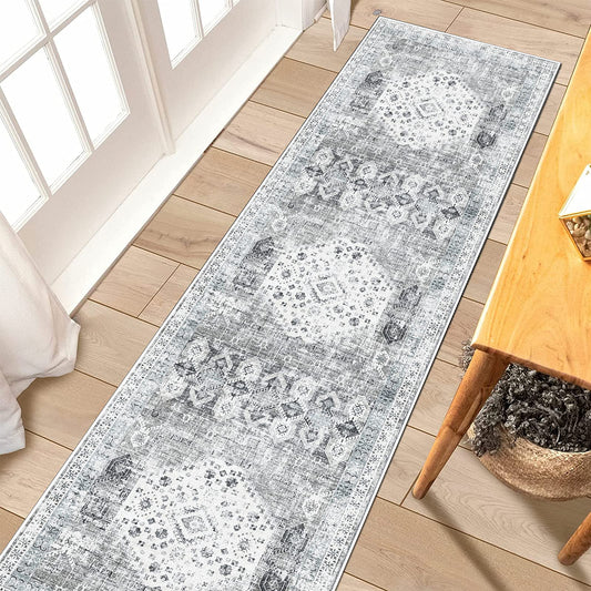 RUUGME 2x7 Washable Runner Rug - Vintage Hallway Rugs Non Slip Stain Resistant Rugs for Kitchen Living Room Bedroom Laundry Room Mat Distressed Rug Carpet Runner for Bathroom 2'x7' Grey