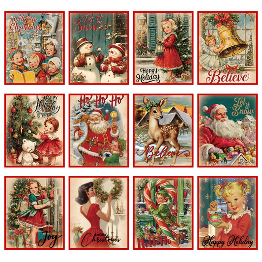 Pasimy 12 Pack Vintage Christmas Posters 10x12 Inch Unframed Retro Holiday Wall Prints with Nostalgic Santa Snowman Reindeer Winter Scenes Christmas Decorations for Home Office Classroom Party