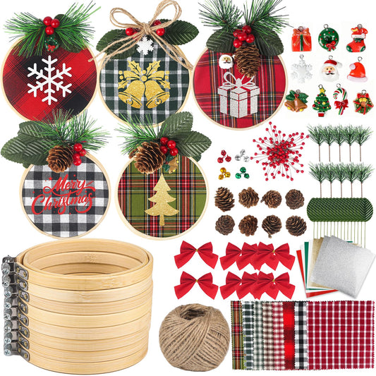 Ecoofor 8 Pack DIY Christmas Ornaments Craft Kit, Christmas Ornaments Kits with Plaid Fabric Bamboo Hoops Pinecones Berries and Other Accessories, Perfect for Christmas Crafts and Holiday Decorations