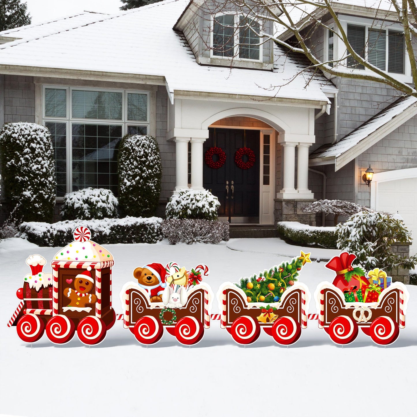 Marsui 4 Pieces Christmas Train Decorations Outdoor Yard Lawn Signs Christmas Tree Gingerbread Santa Snowman Reindeer Train with 8 Stakes for Xmas Holiday Outside Garden Lawn Yard Decor