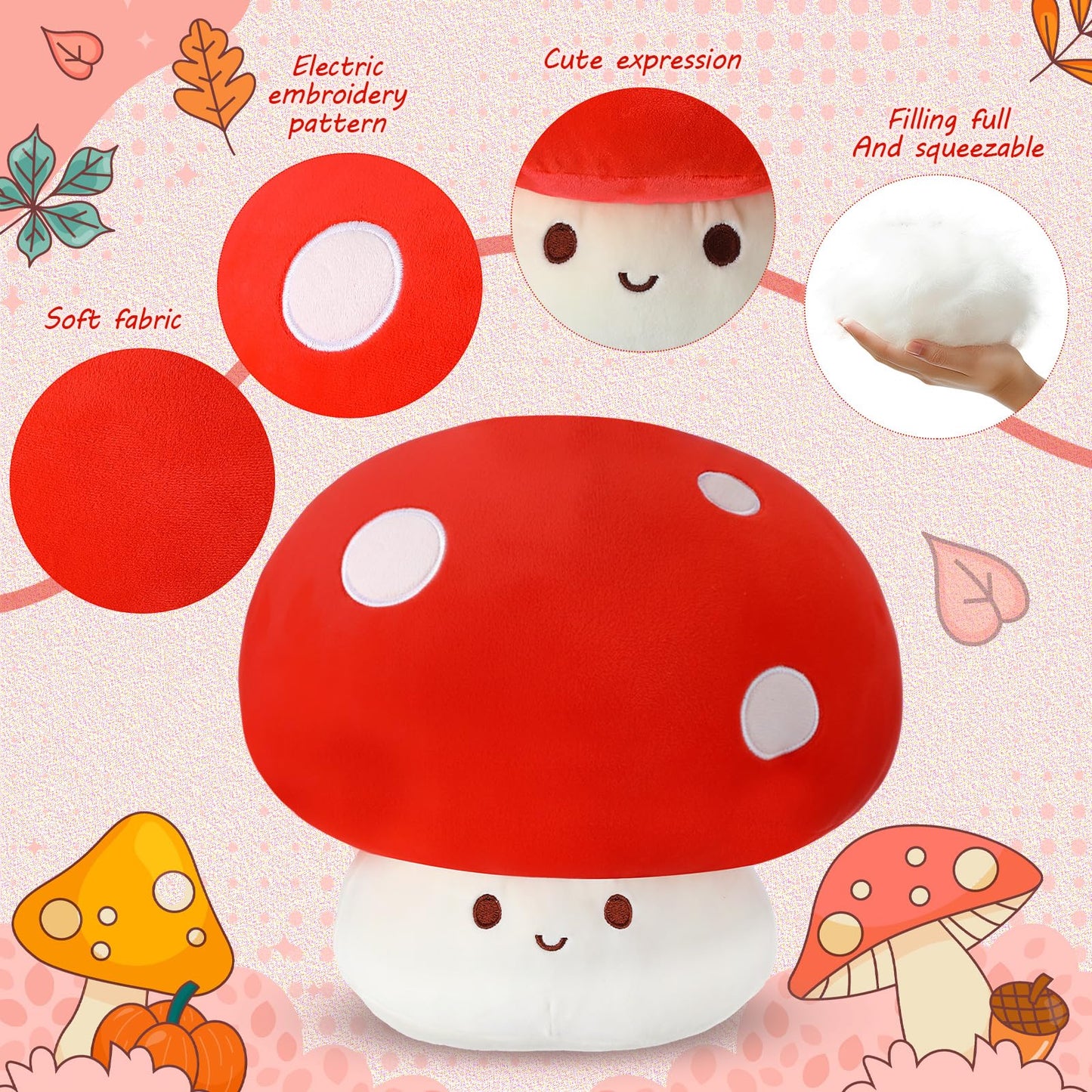 Fanfanwin 5 Pcs Mushroom Plush Pillow, 12 Inch 1 Large Mushroom Plush Pillow with 4 Small Stuffed Animals Hugging Room Decor Gift for Valentine