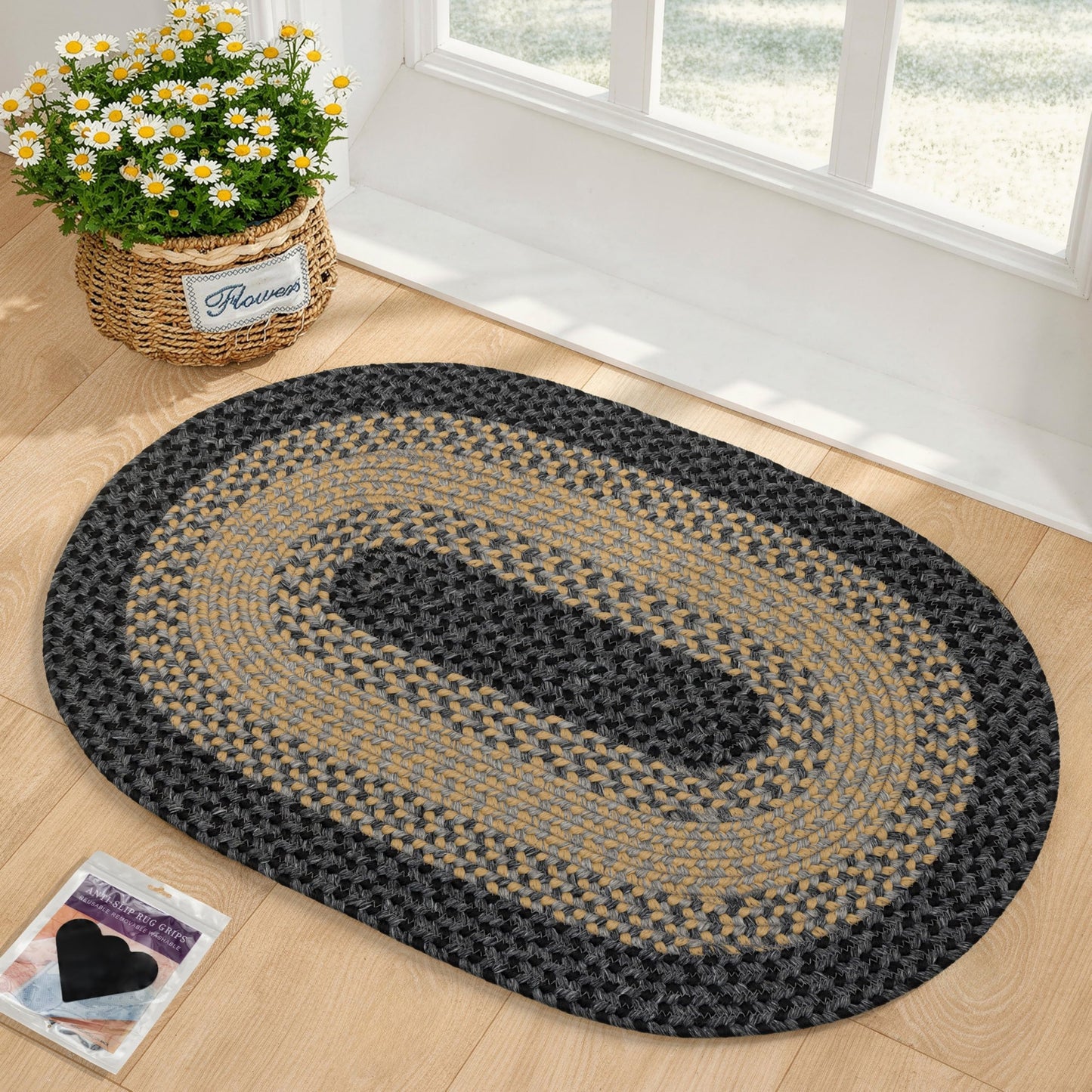 RCTJHOME 2x3 Oval Braided Entryway Rug, Farmhouse Kitchen and Floor Mat for Indoor/Outdoor Use, Door Mat with Anti-Slip Pads for High Traffic Areas, Rope Rug Without Rubber, Brown with Black
