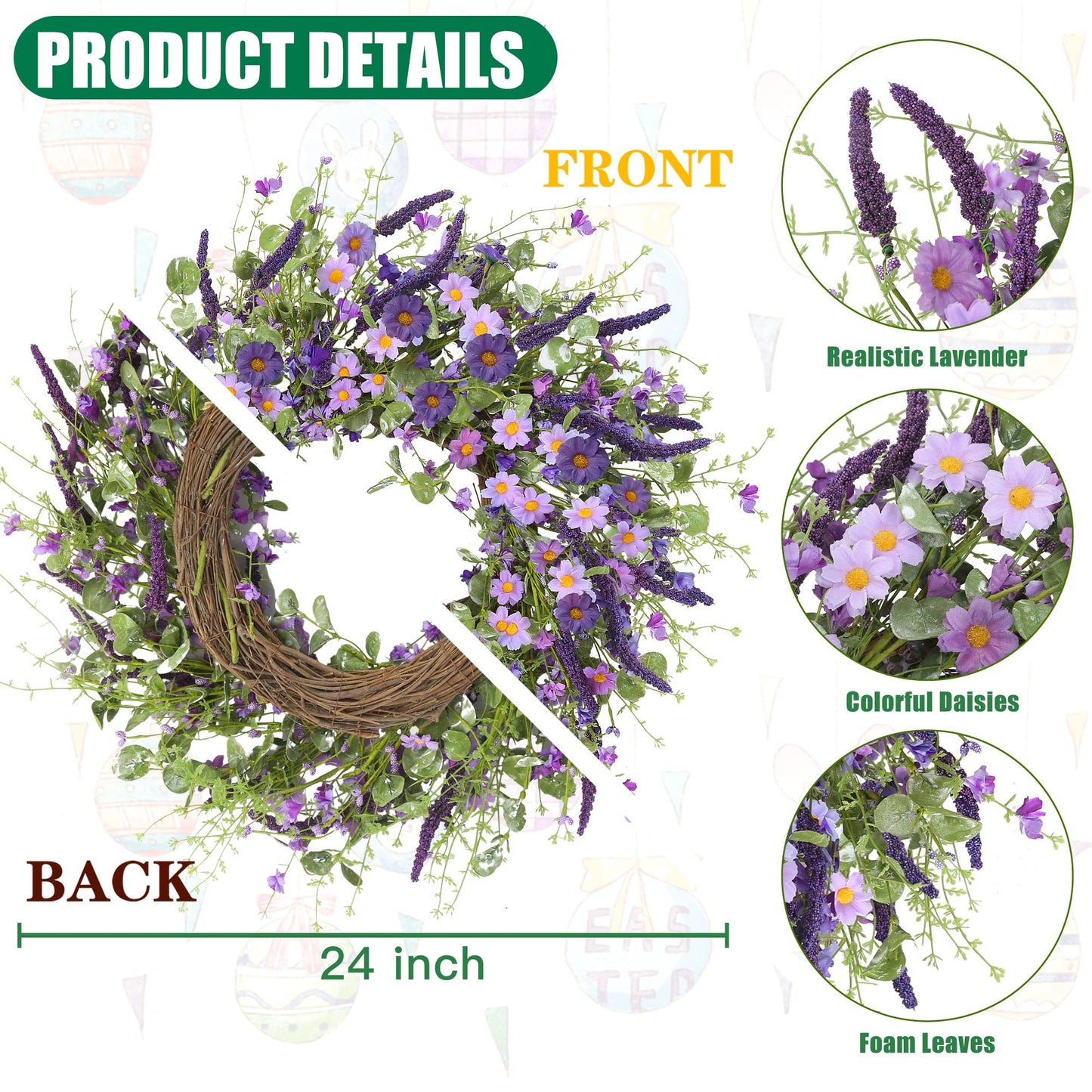 Sggvecsy Purple Daisy Wreath 24 Inch Spring Summer Wreath with Fake Silk Floral Green Eucalyptus Leaves and Lavender for Front Door Window Wall Wedding Farmhouse Festival Decor