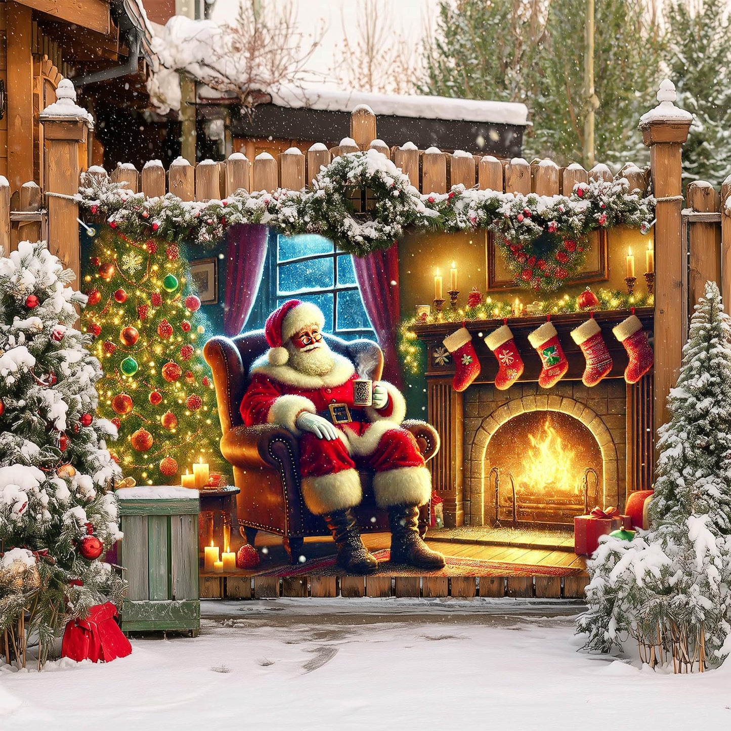 BlissYard Christmas Banner Santa Claus Fireplace Tree Holiday Wall Decoration Warm Cozy Living Room Scene Background Indoor Outdoor Party Decor for Home 71 X 43 Inches