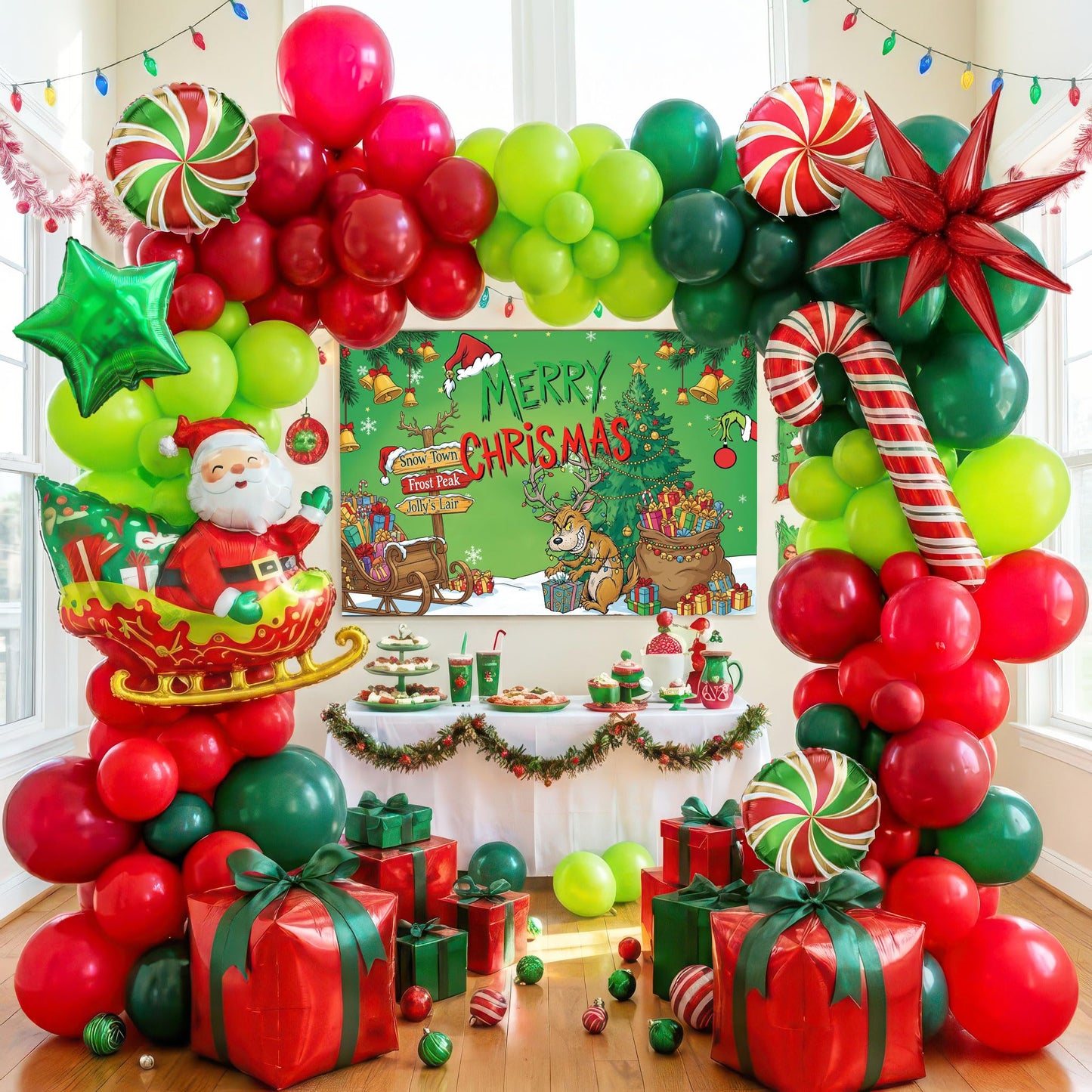 Christmas Balloon Garland Arch Kit with backdrop Xmas Red Green Balloons Candy Cane Santa Claus Star Foil Balloons for Christmas New Year Birthday Party Decorations