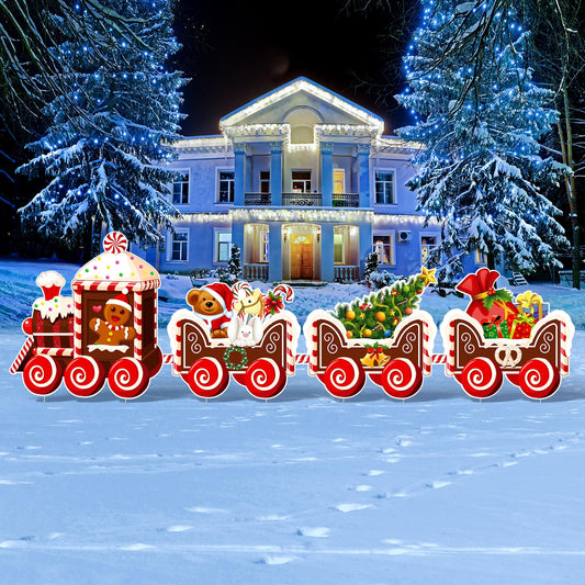 Marsui 4 Pieces Christmas Train Decorations Outdoor Yard Lawn Signs Christmas Tree Gingerbread Santa Snowman Reindeer Train with 8 Stakes for Xmas Holiday Outside Garden Lawn Yard Decor