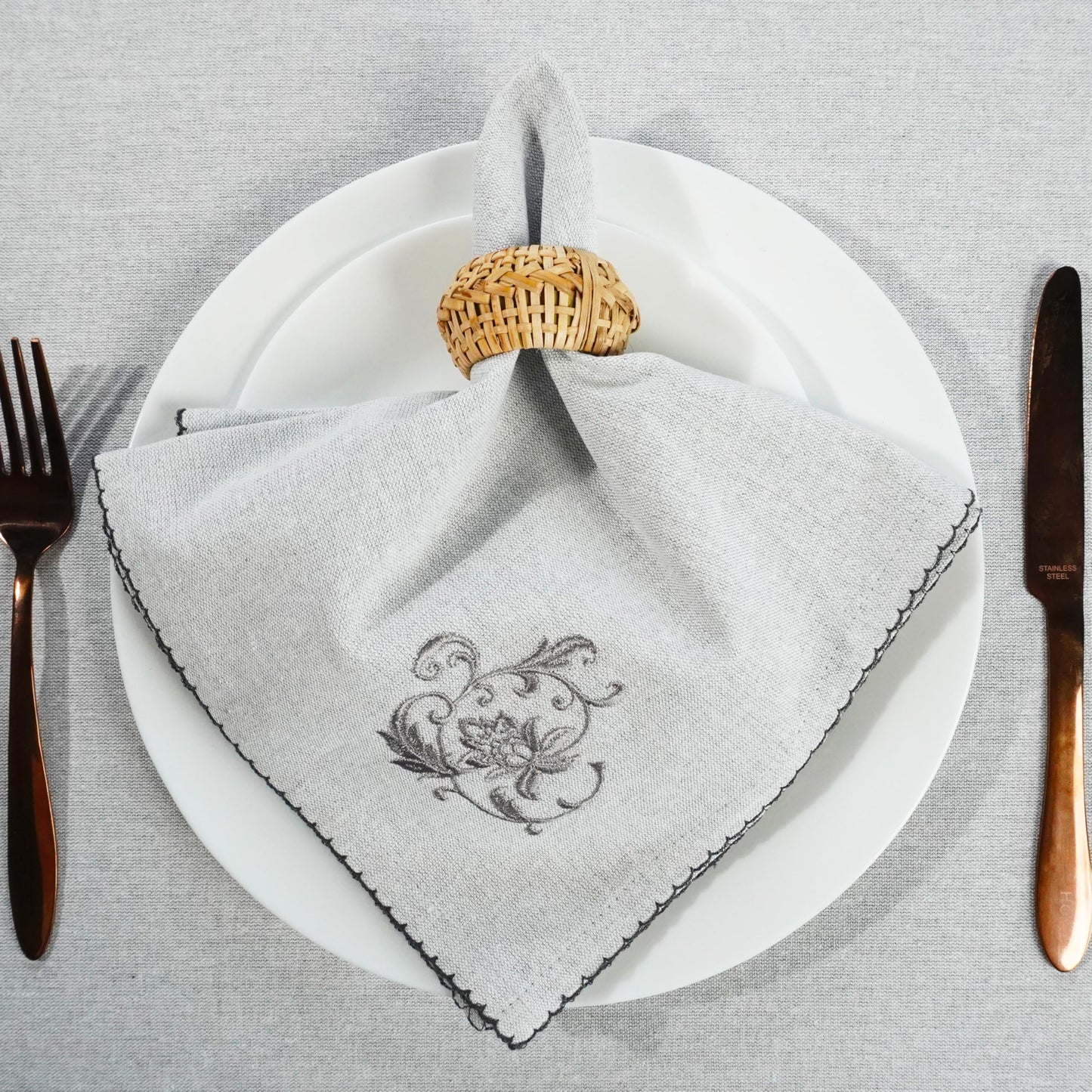 Luxury Embroidered Cloth Napkins – Grey Lily, Set of 6, 18x18 | Grey Dinner Napkins with Floral Embroidery | Elegant Cotton Blend Table Napkins for Holiday Hosting, Weddings