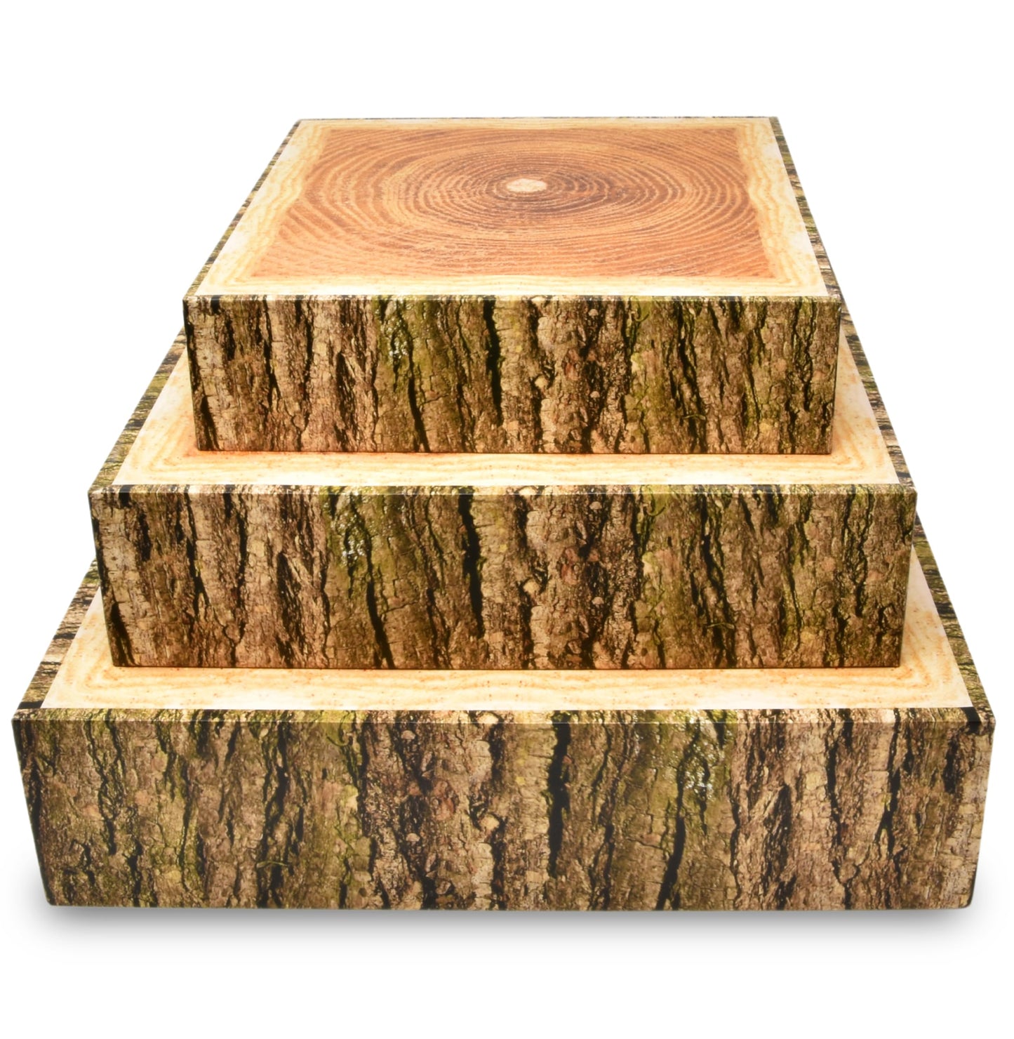 Gift Boutique Wood Look Cake Stand Holder Set of 3 Square Cardboard Dessert Display Stands 8 10 12 Inch Tree Slice Bark Base Cupcake Tray for Wedding Table Decor