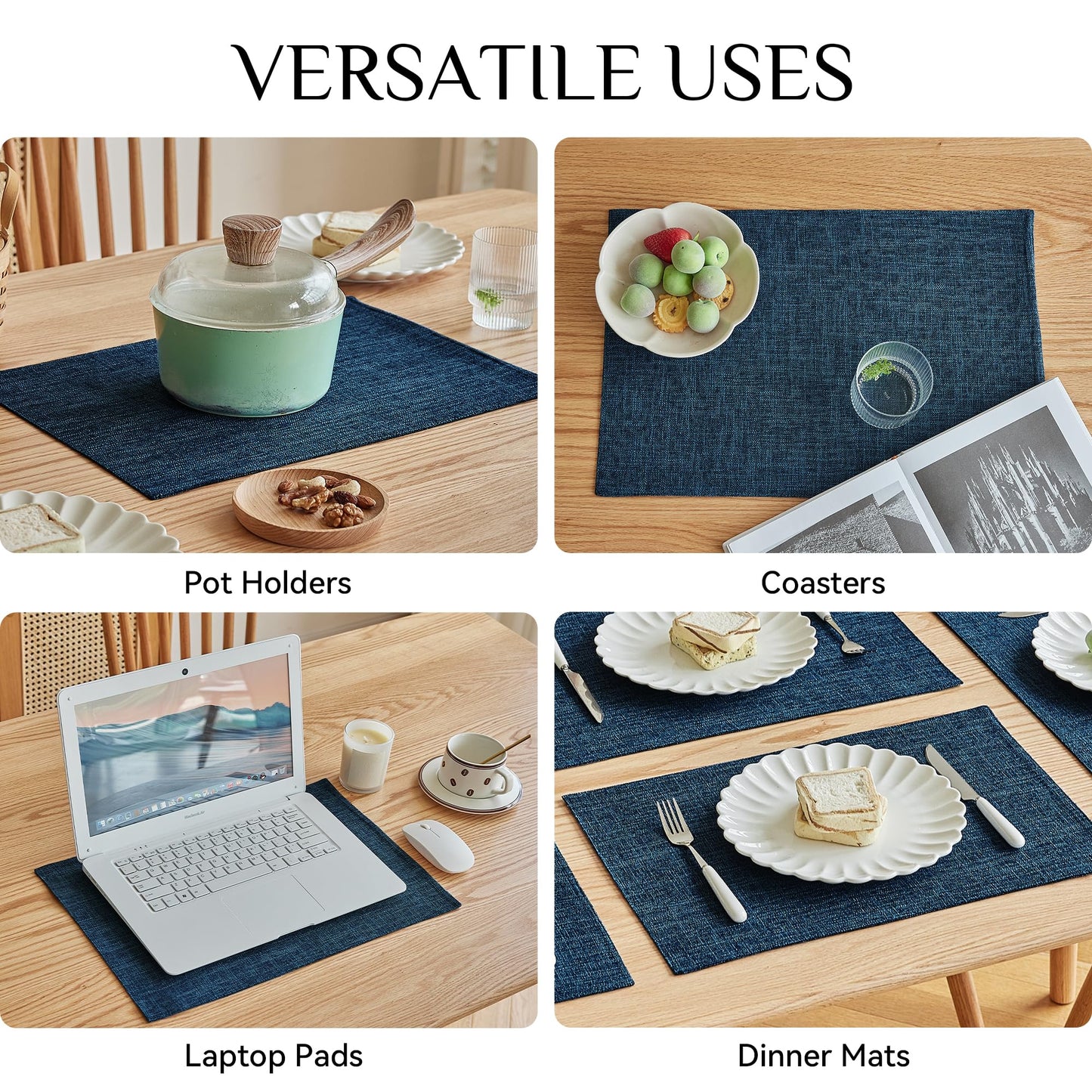 Softalker Faux Linen Placemats Set of 4-12 x 18 Inch, Heat Resistant Double Layered Durable Burlap Farmhouse Place Mats, Non-Slip Washable Rustic Table Mats for Dining, Kitchen, Party（Navy Blue