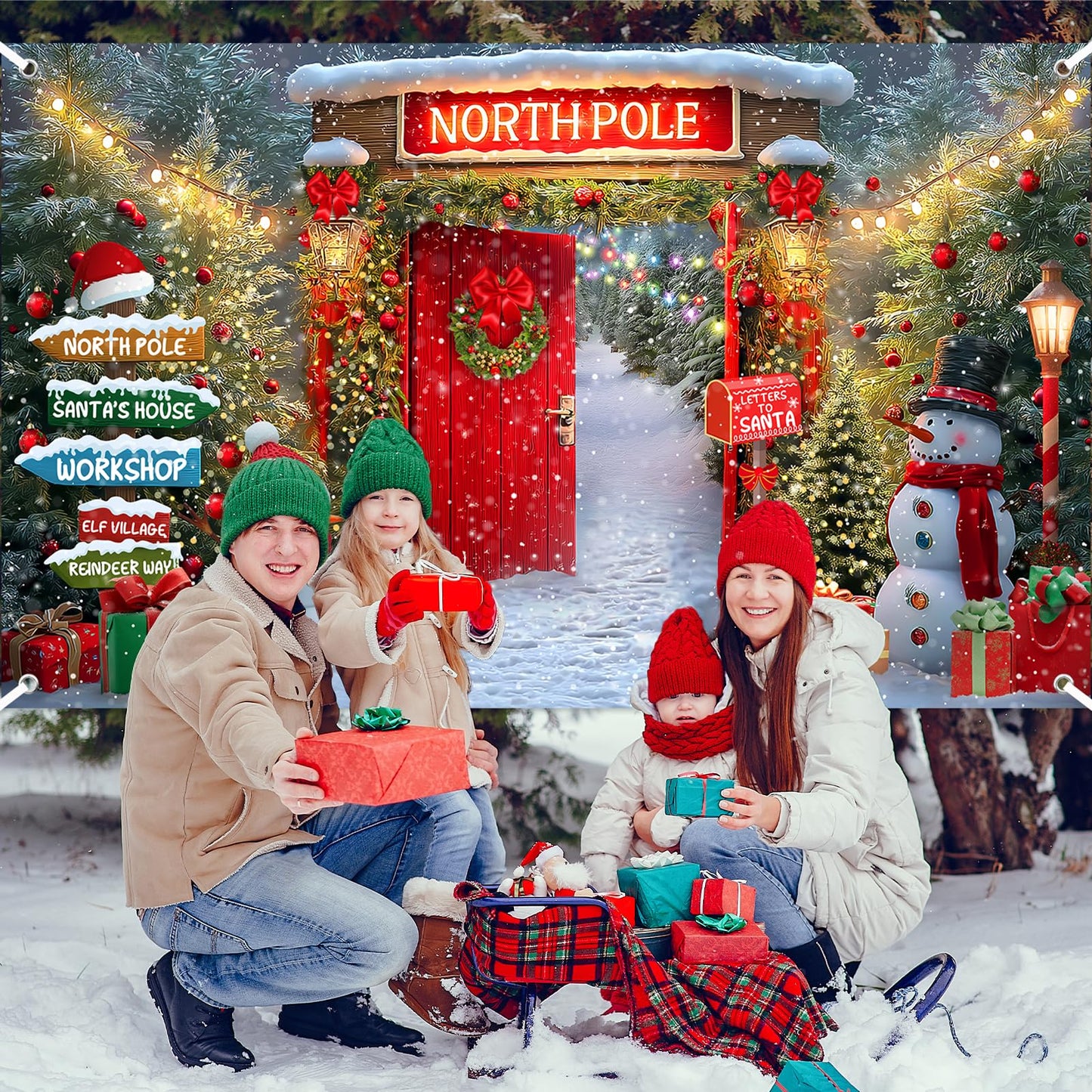 Lecheme Christmas Backdrop for Photography North Pole Santa's House Banner Snowy Forest Red Barn Door Christmas Banner Xmas Holiday Family Photo Background Party Decorations